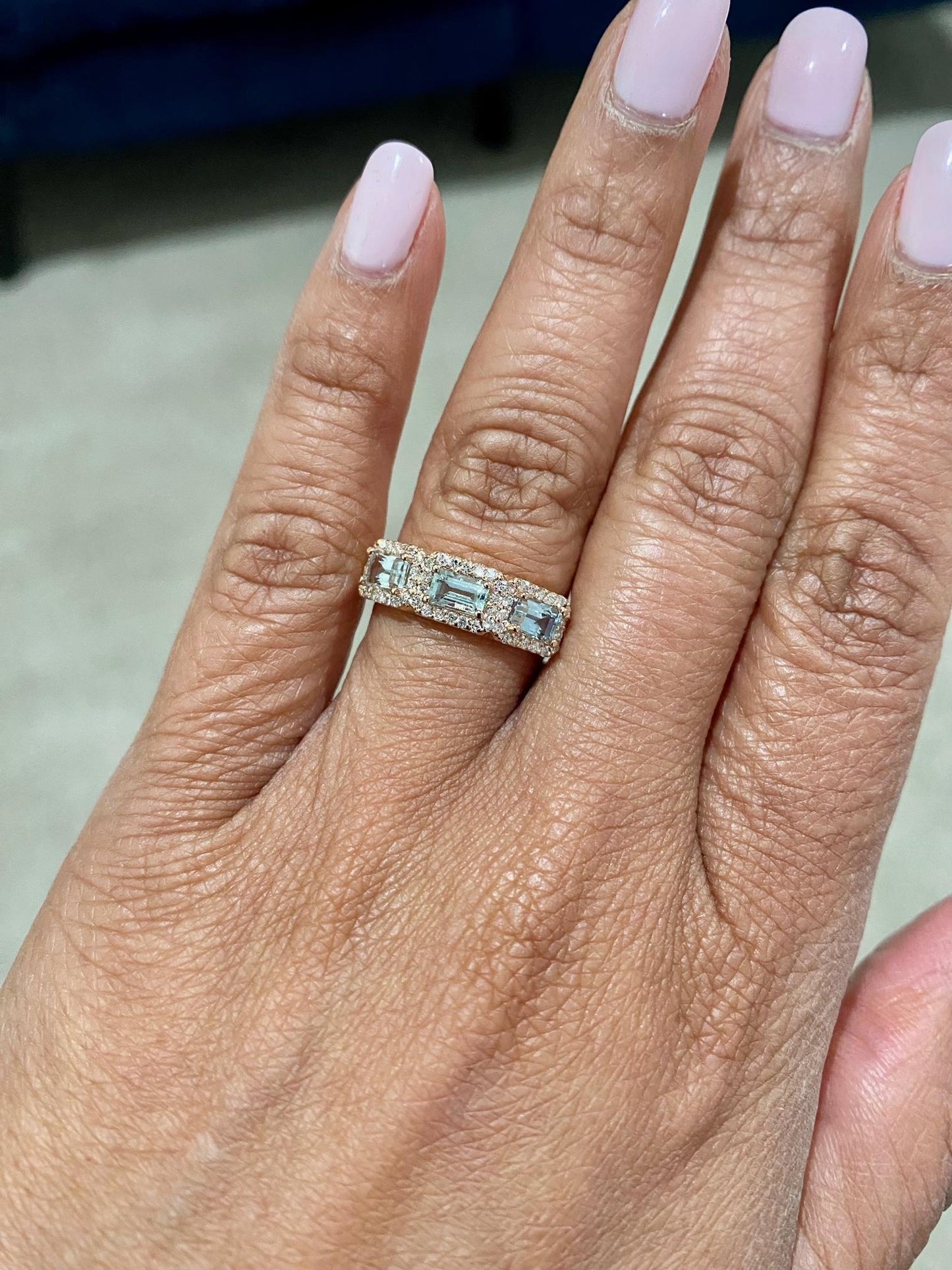 1.09 Carat Aquamarine Diamond 3-Stone Rose Gold Cocktail Band