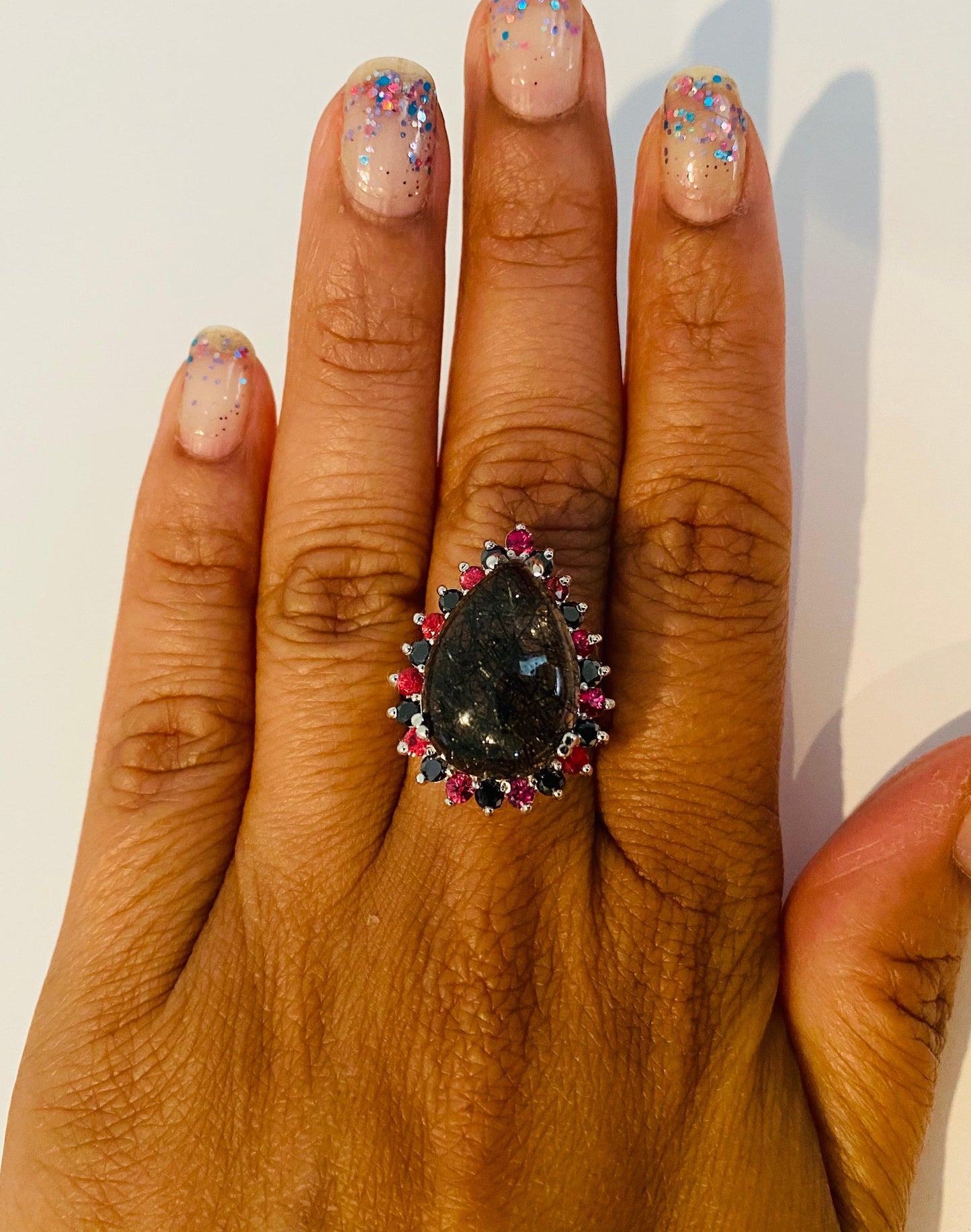 13.03 Carat Black Diamond Quartz and Sapphire White Gold Cocktail Ring