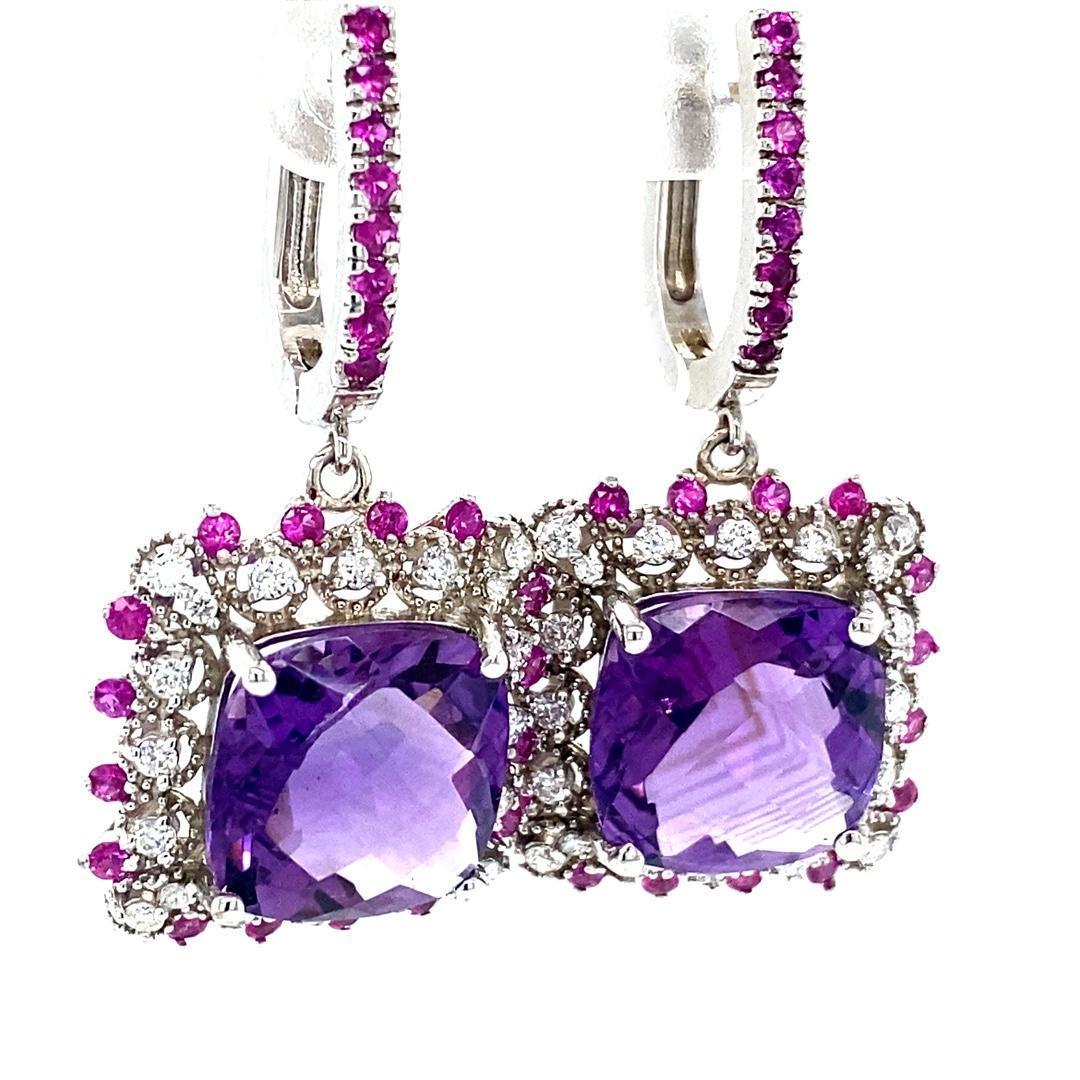 13.69 Carat Amethyst Sapphire and Diamond White Gold Drop Earrings