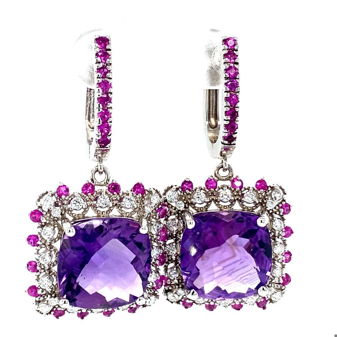 13.69 Carat Amethyst Sapphire and Diamond White Gold Drop Earrings