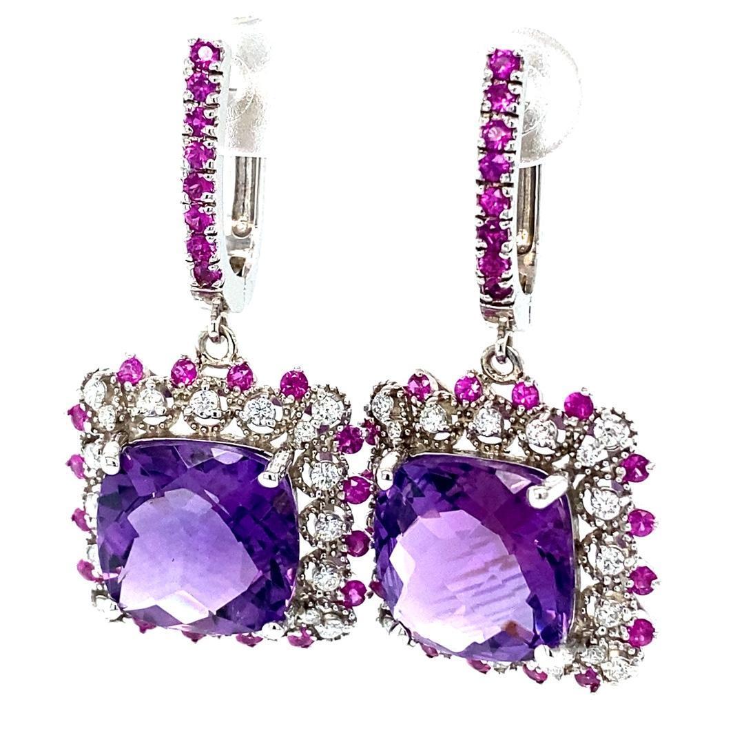 13.69 Carat Amethyst Sapphire and Diamond White Gold Drop Earrings