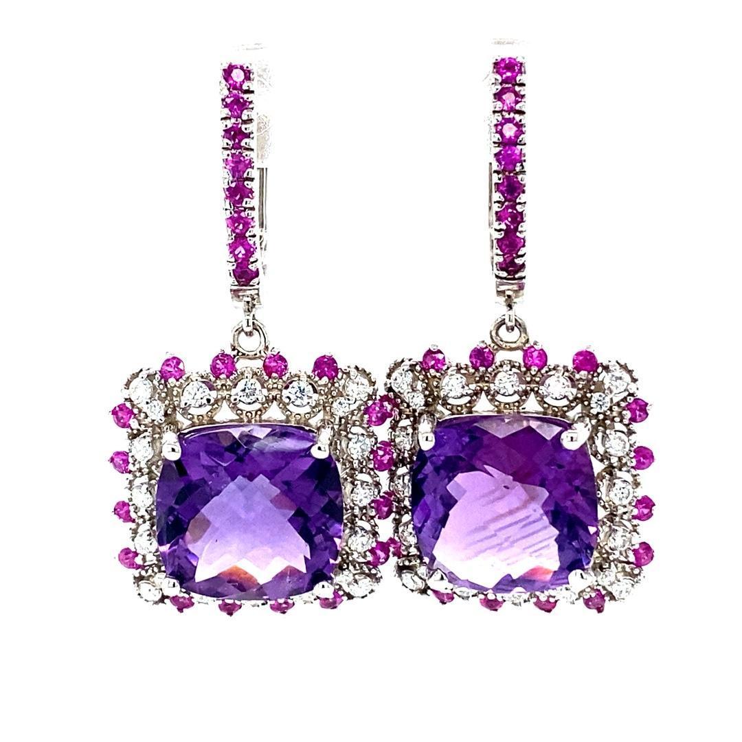 13.69 Carat Amethyst Sapphire and Diamond White Gold Drop Earrings