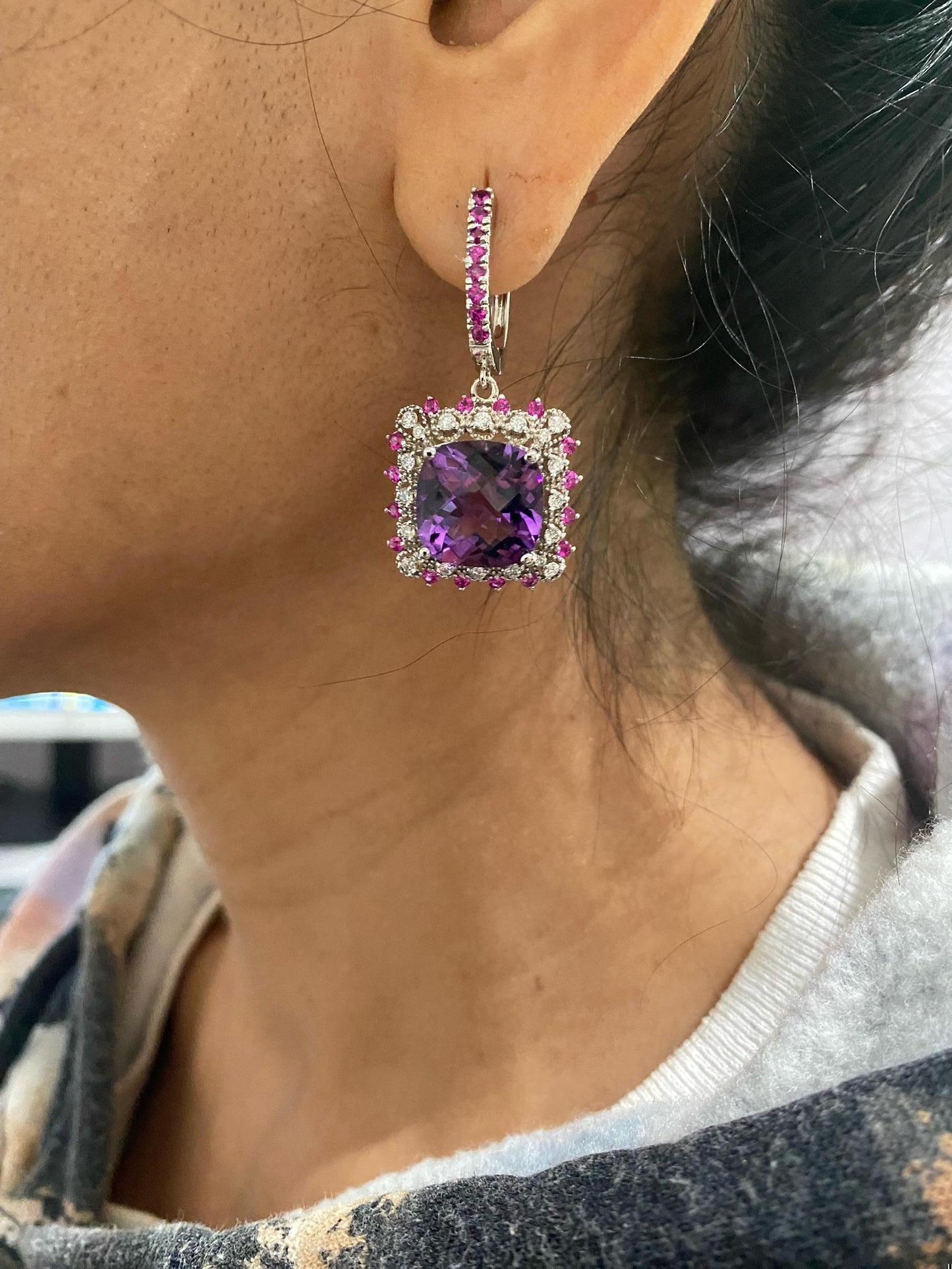 13.69 Carat Amethyst Sapphire and Diamond White Gold Drop Earrings