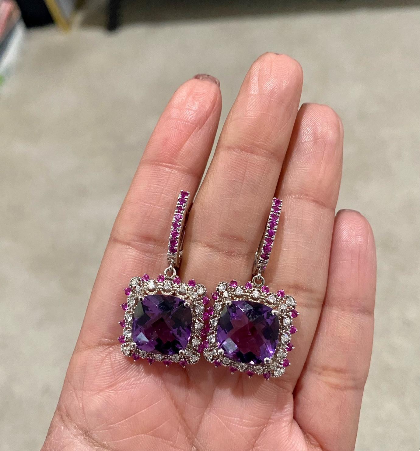 13.69 Carat Amethyst Sapphire and Diamond White Gold Drop Earrings