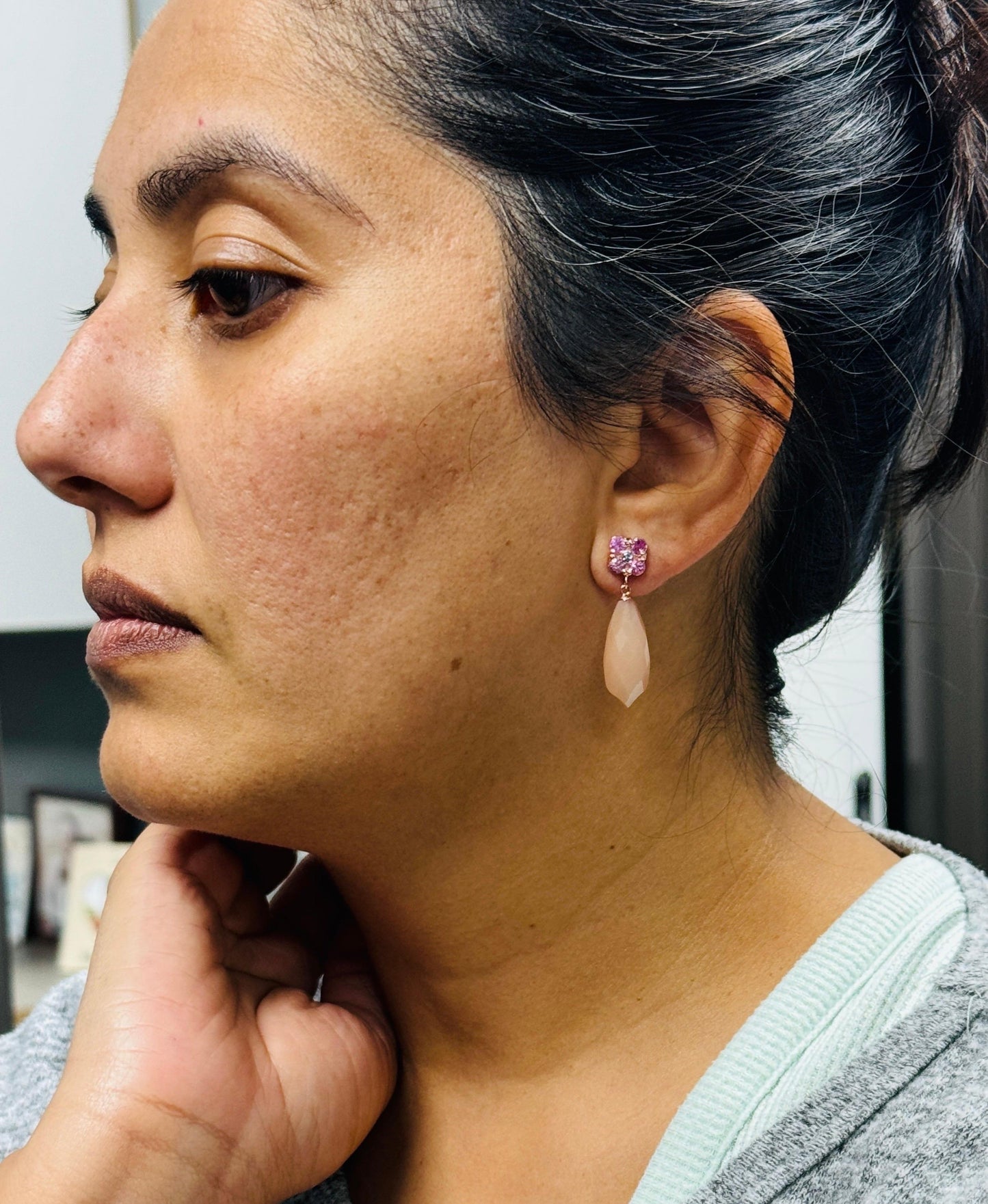 17.61 Carat Peach Moonstone Sapphire Rose Gold Drop Earrings