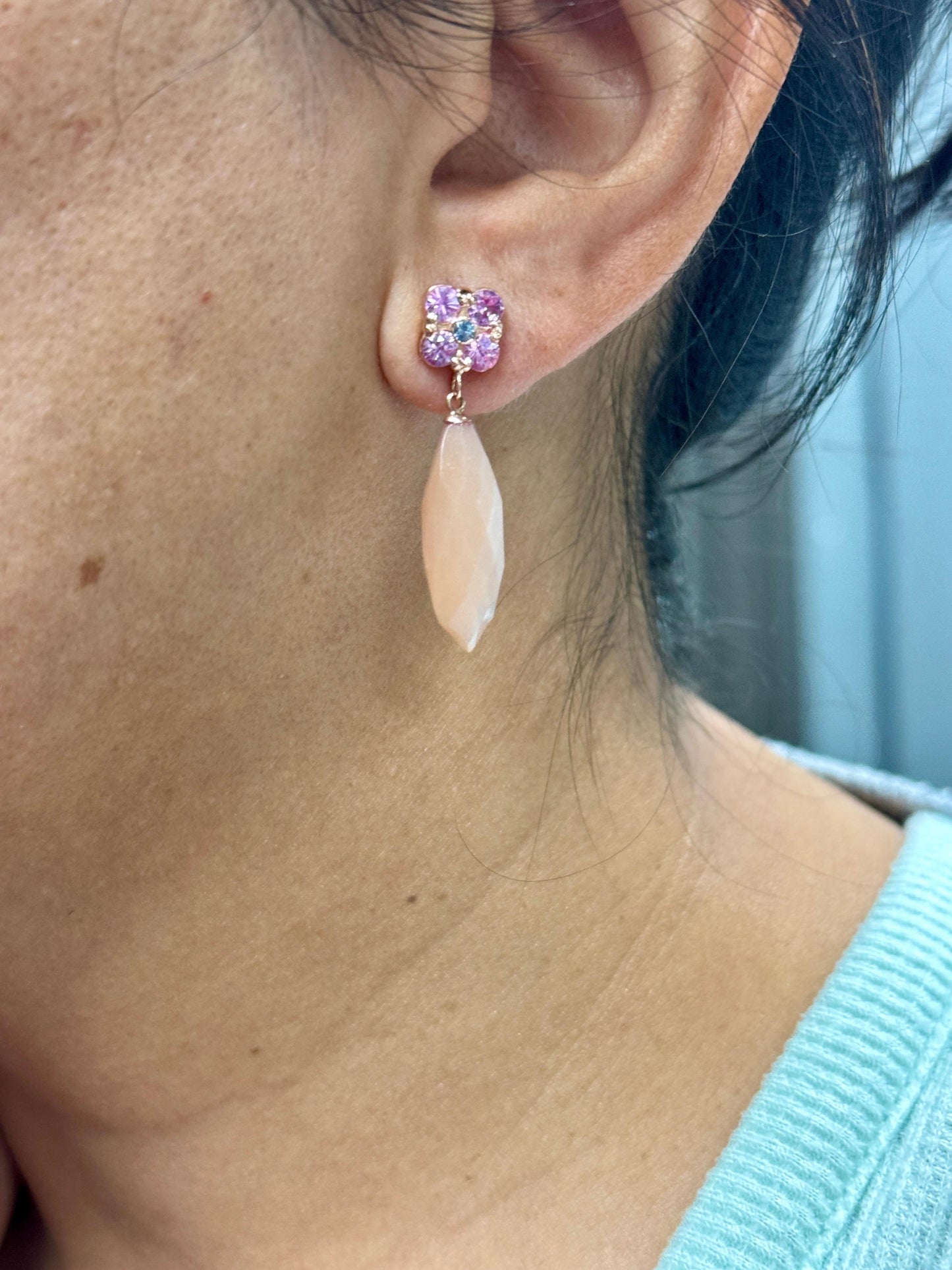 17.61 Carat Peach Moonstone Sapphire Rose Gold Drop Earrings