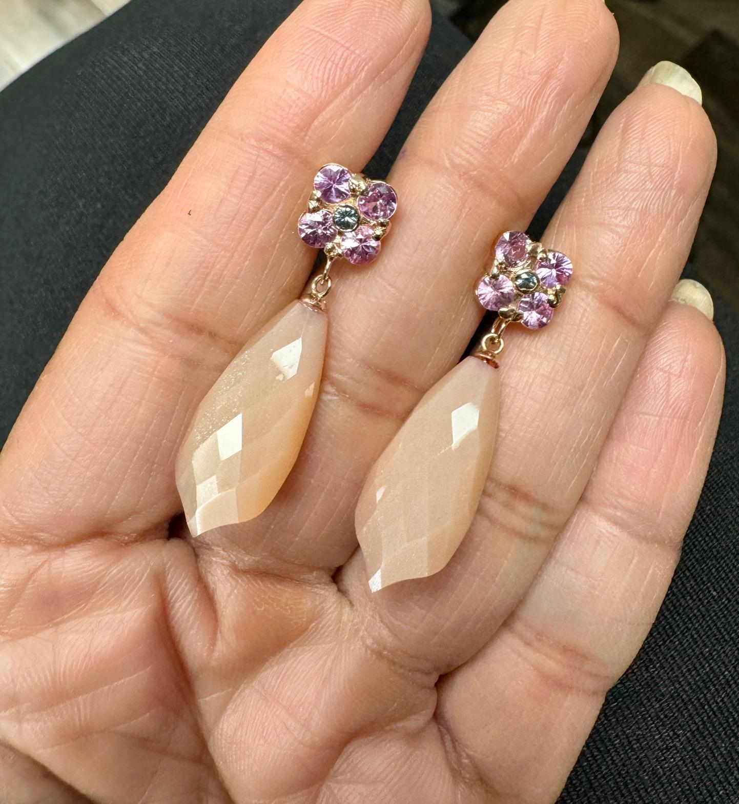 17.61 Carat Peach Moonstone Sapphire Rose Gold Drop Earrings