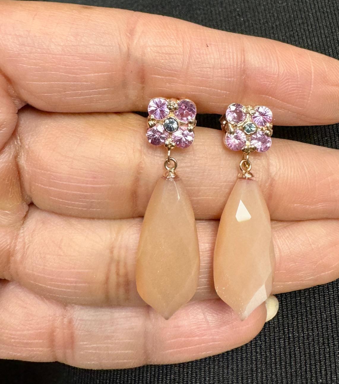 17.61 Carat Peach Moonstone Sapphire Rose Gold Drop Earrings