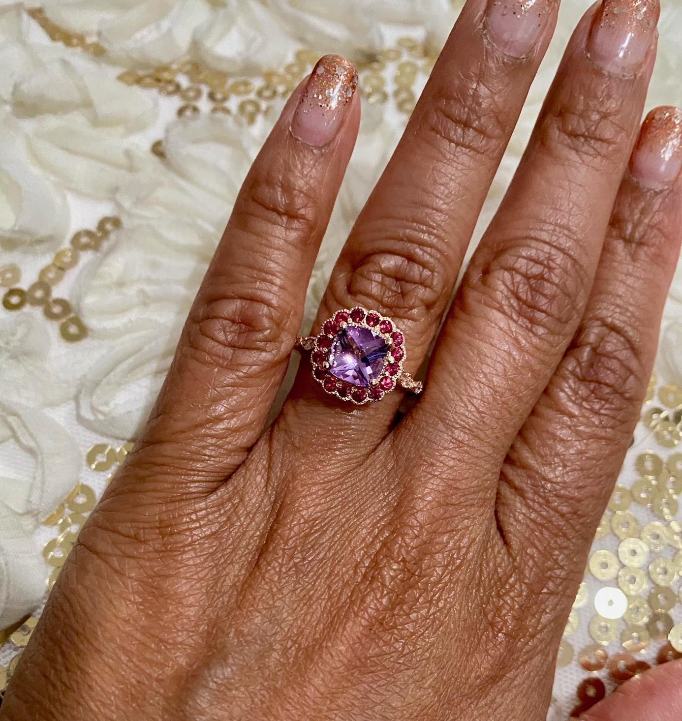 1.86 Carat Cushion Cut Amethyst Diamond Sapphire Rose Gold Ring