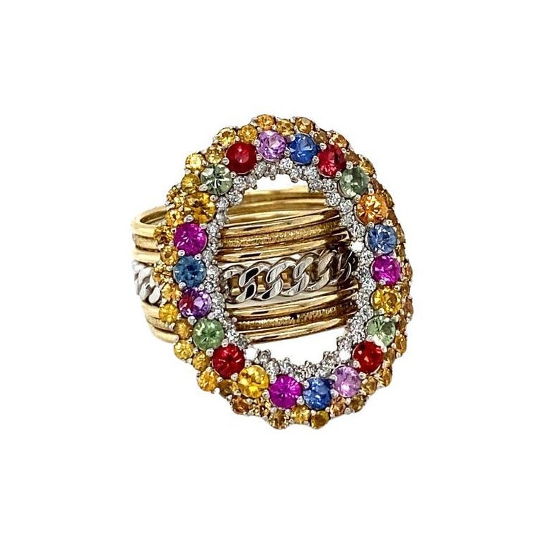3.32 Carat MultiSapphire Diamond Yellow Gold Cocktail Ring