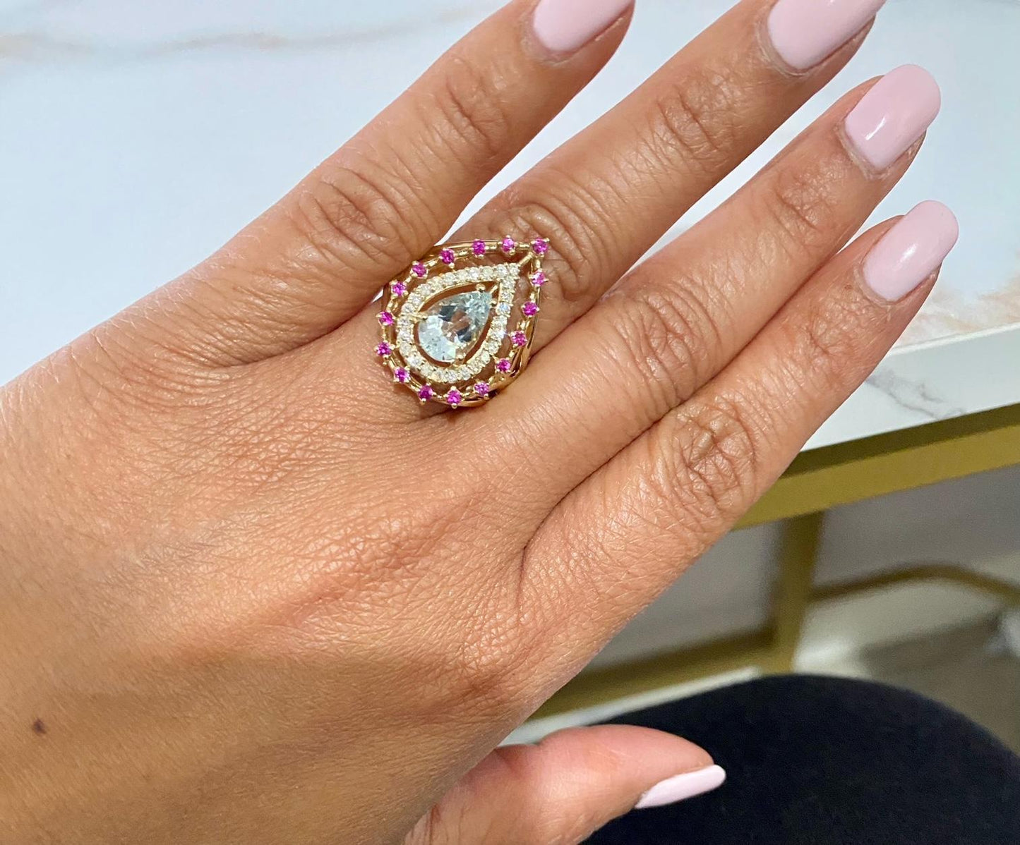 1.96 Carat Aquamarine Sapphire Diamond Yellow Gold Cocktail Ring