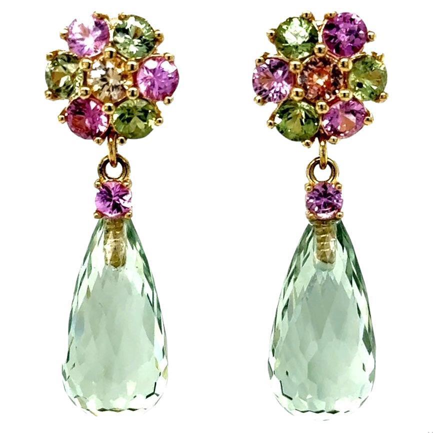 21.29 Carat Multi-Color Sapphire Prasiolite Yellow Gold Drop Earrings