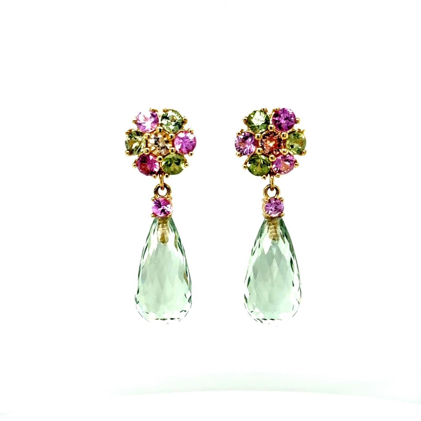 21.29 Carat Multi-Color Sapphire Prasiolite Yellow Gold Drop Earrings