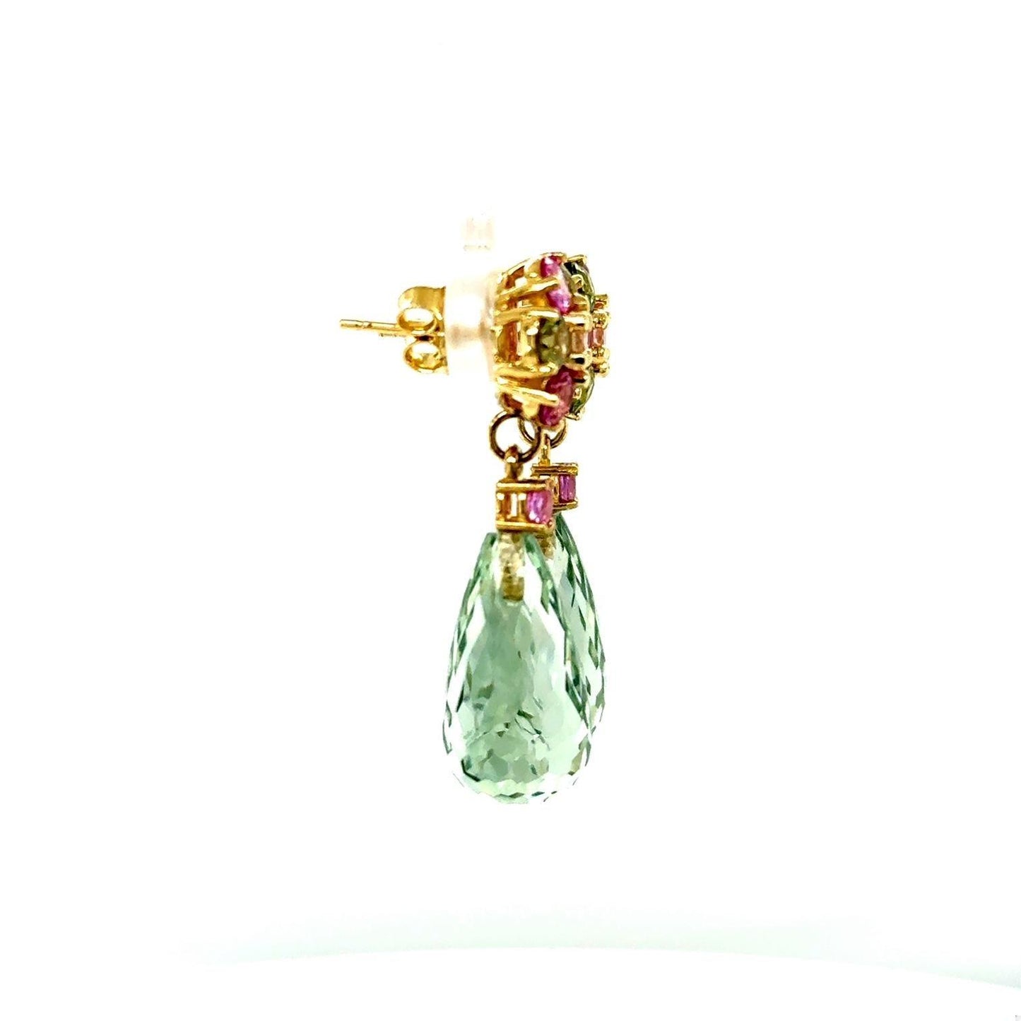 21.29 Carat Multi-Color Sapphire Prasiolite Yellow Gold Drop Earrings