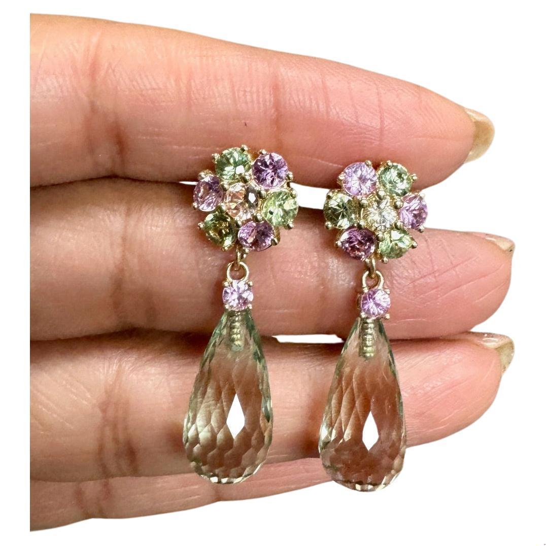 21.29 Carat Multi-Color Sapphire Prasiolite Yellow Gold Drop Earrings