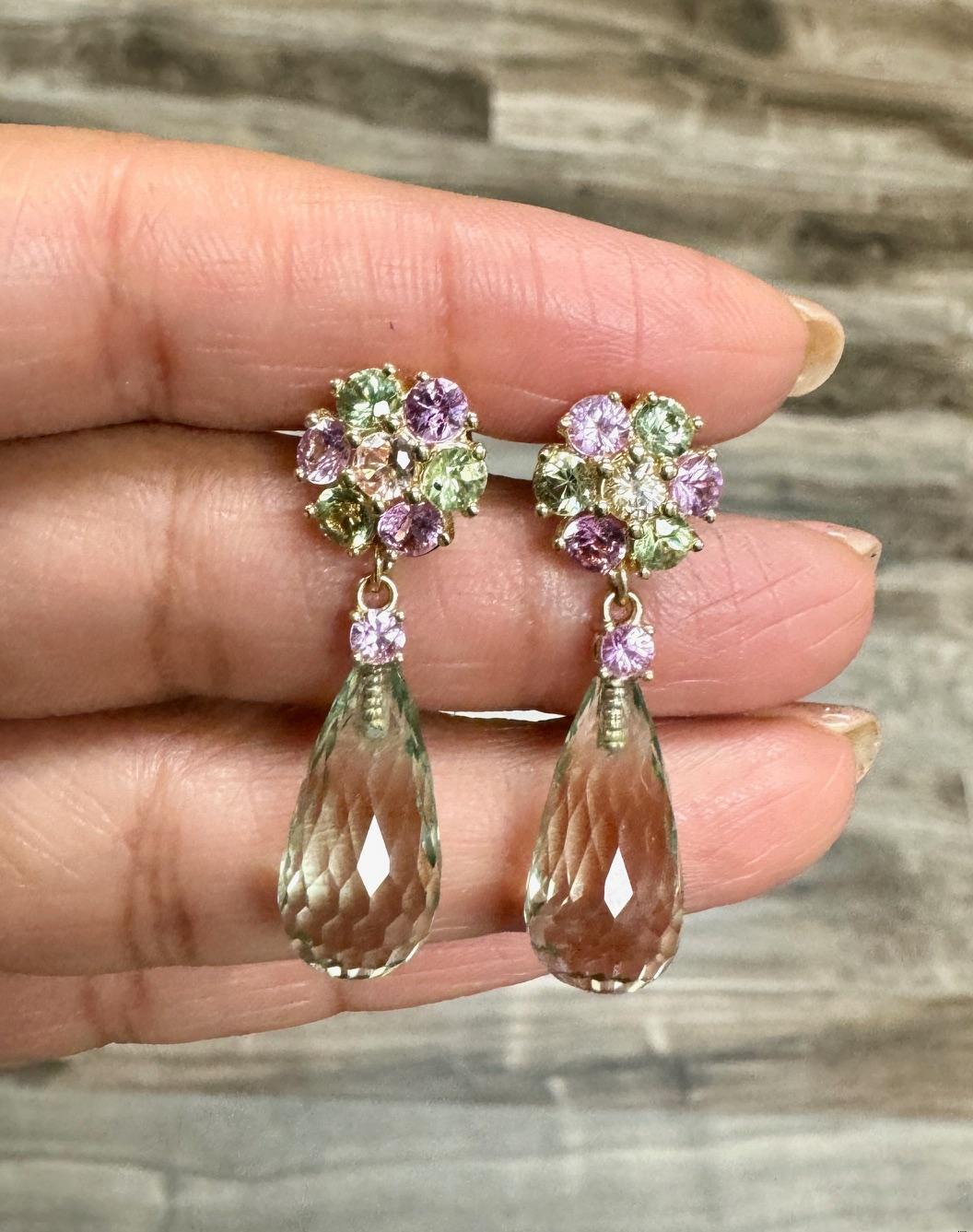 21.29 Carat Multi-Color Sapphire Prasiolite Yellow Gold Drop Earrings