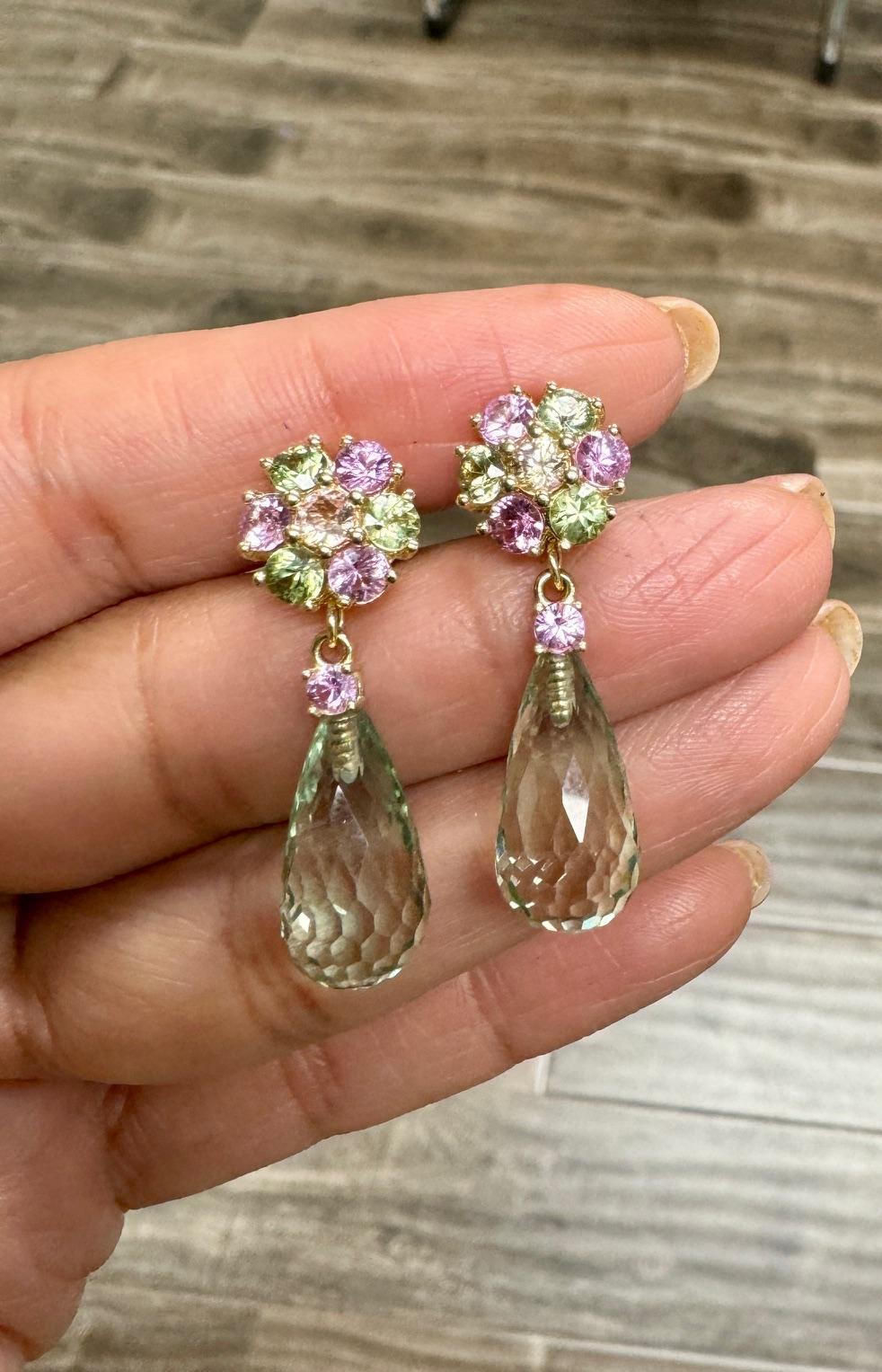 21.29 Carat Multi-Color Sapphire Prasiolite Yellow Gold Drop Earrings