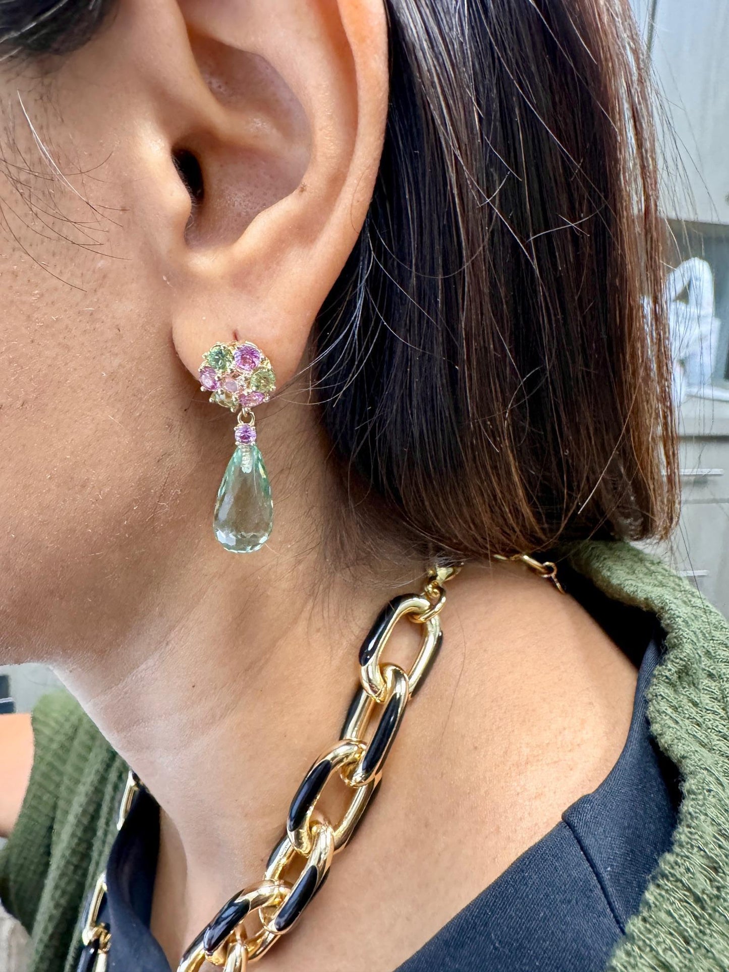 21.29 Carat Multi-Color Sapphire Prasiolite Yellow Gold Drop Earrings