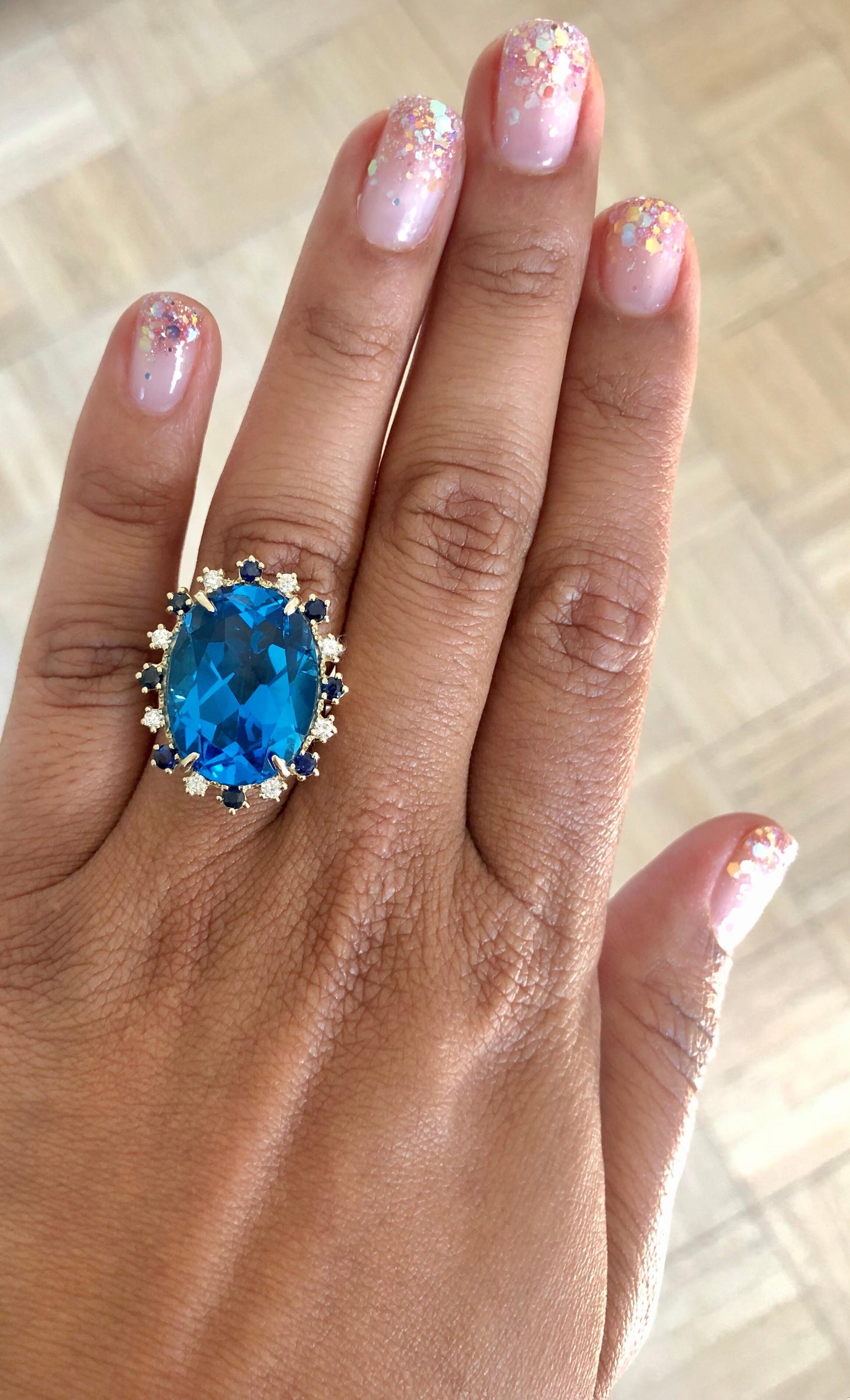 21.50 Carat Blue Topaz Diamond Yellow Gold Cocktail Ring