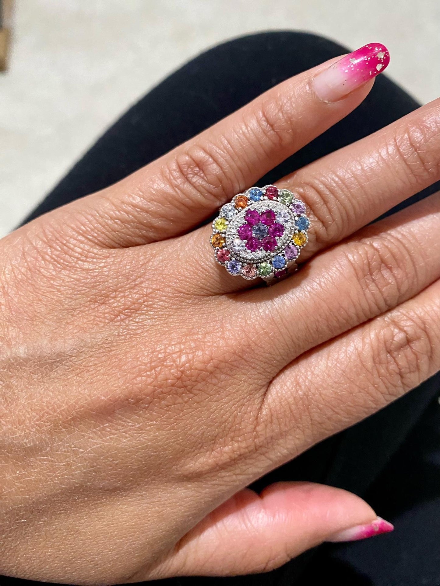 2.41 Carat Natural Multi Color Sapphire Diamond White Gold Cocktail Ring