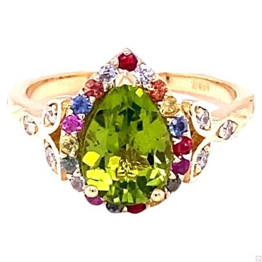 2.52 Carat Natural Peridot Sapphire Yellow Gold Cocktail Ring