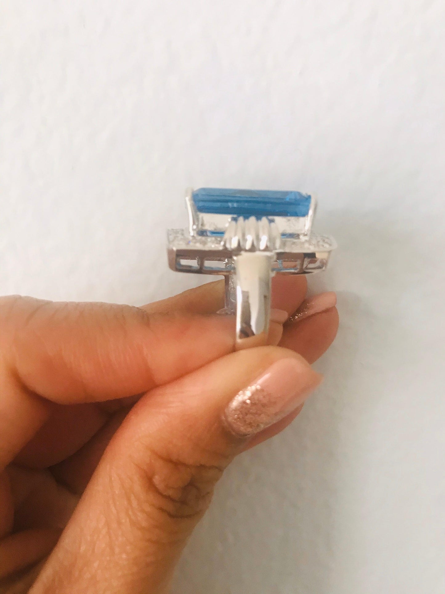 26.07 Carat Emerald Cut Blue Topaz Diamond White Gold Cocktail Ring