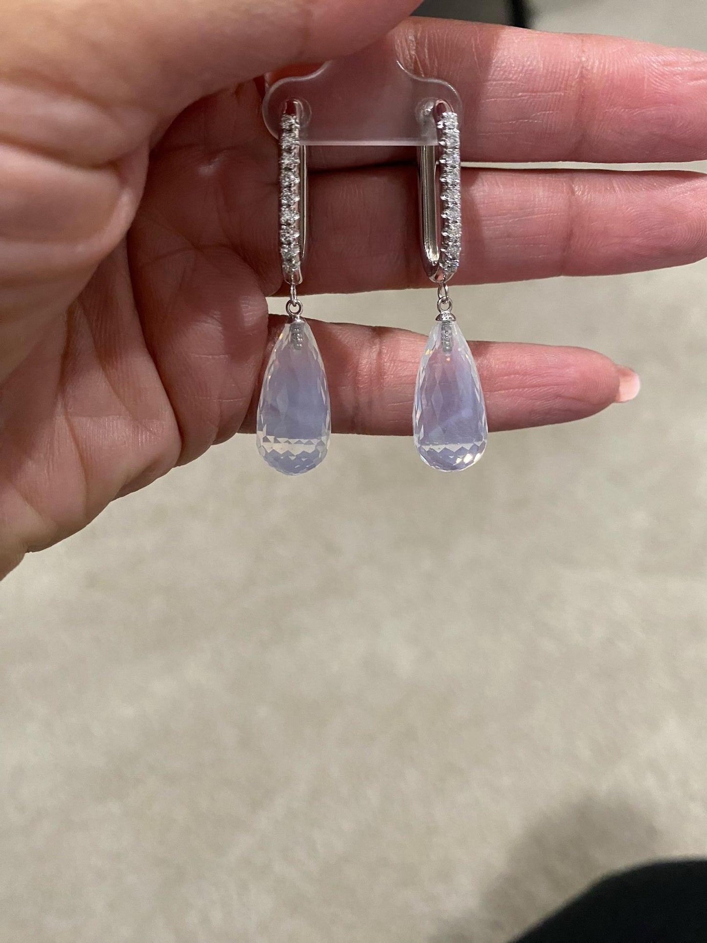 27.54 Carat Moon Quartz Diamond White Gold Drop Earrings