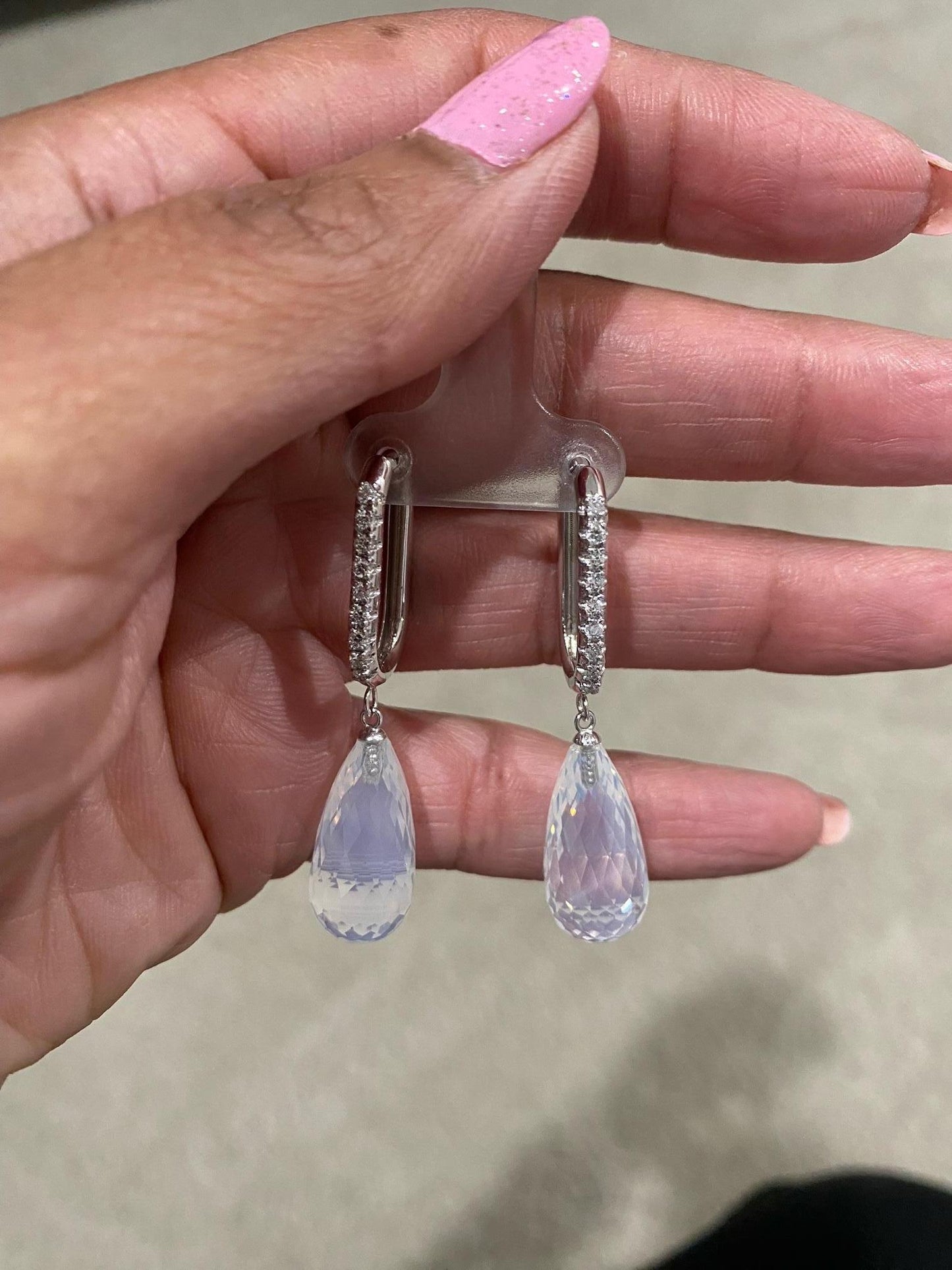 27.54 Carat Moon Quartz Diamond White Gold Drop Earrings