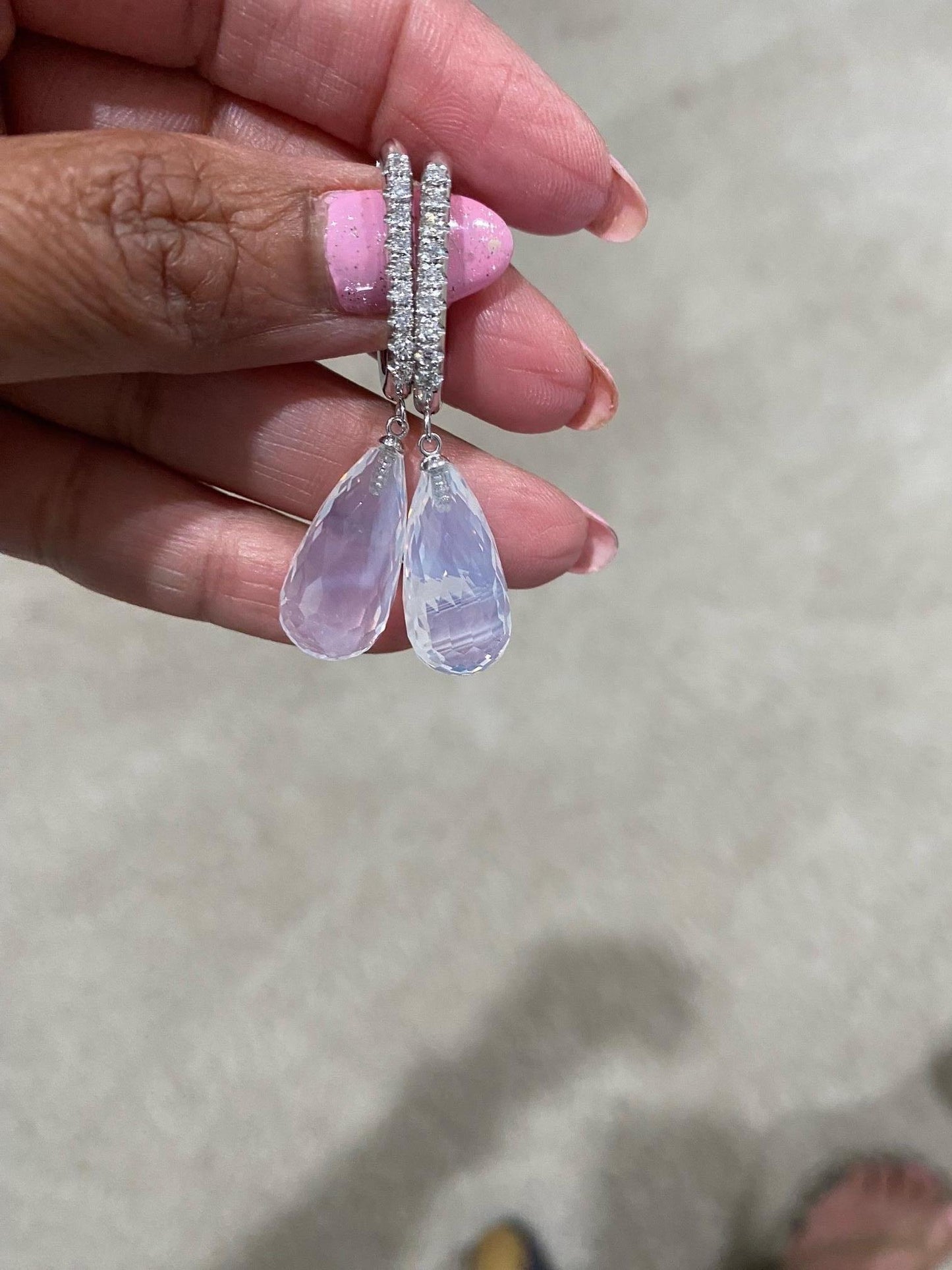 27.54 Carat Moon Quartz Diamond White Gold Drop Earrings