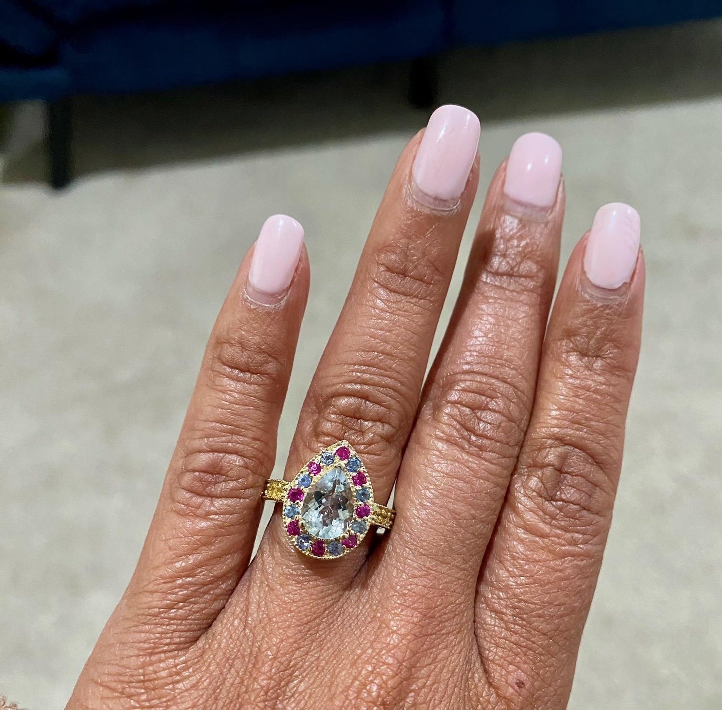 2.75 Carat Aquamarine Multi Color Sapphire Yellow Gold Cocktail Ring