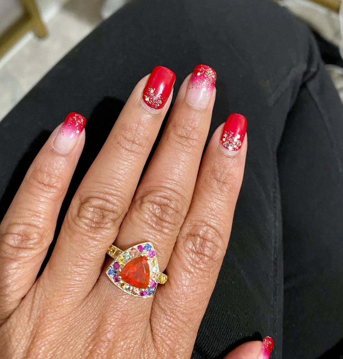 2.77 Carat Trillion Cut Fire Opal Sapphire Yellow Gold Cocktail Ring