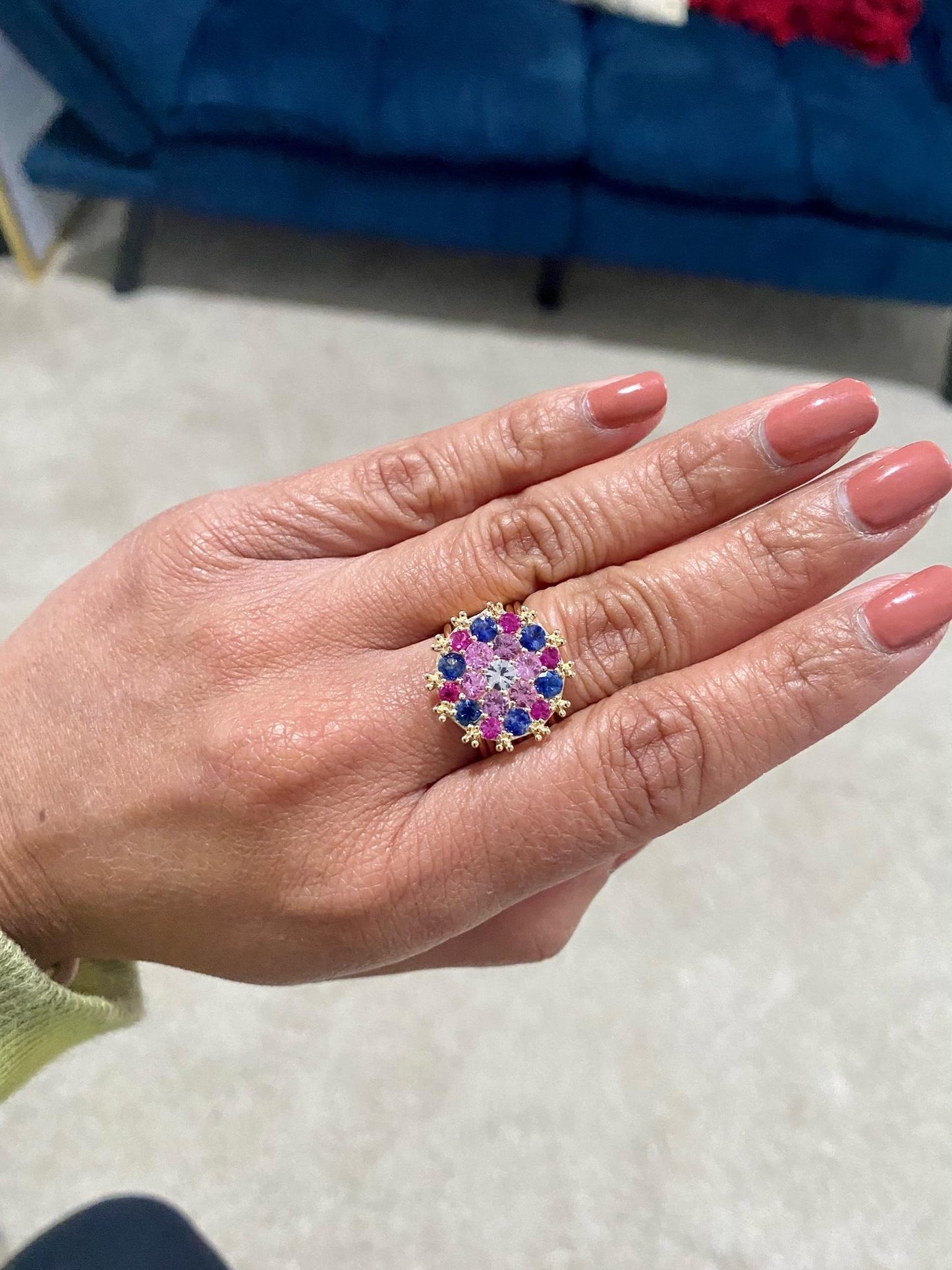 3.00 Carat Natural Multi Color Sapphire Diamond Yellow Gold Cocktail Ring