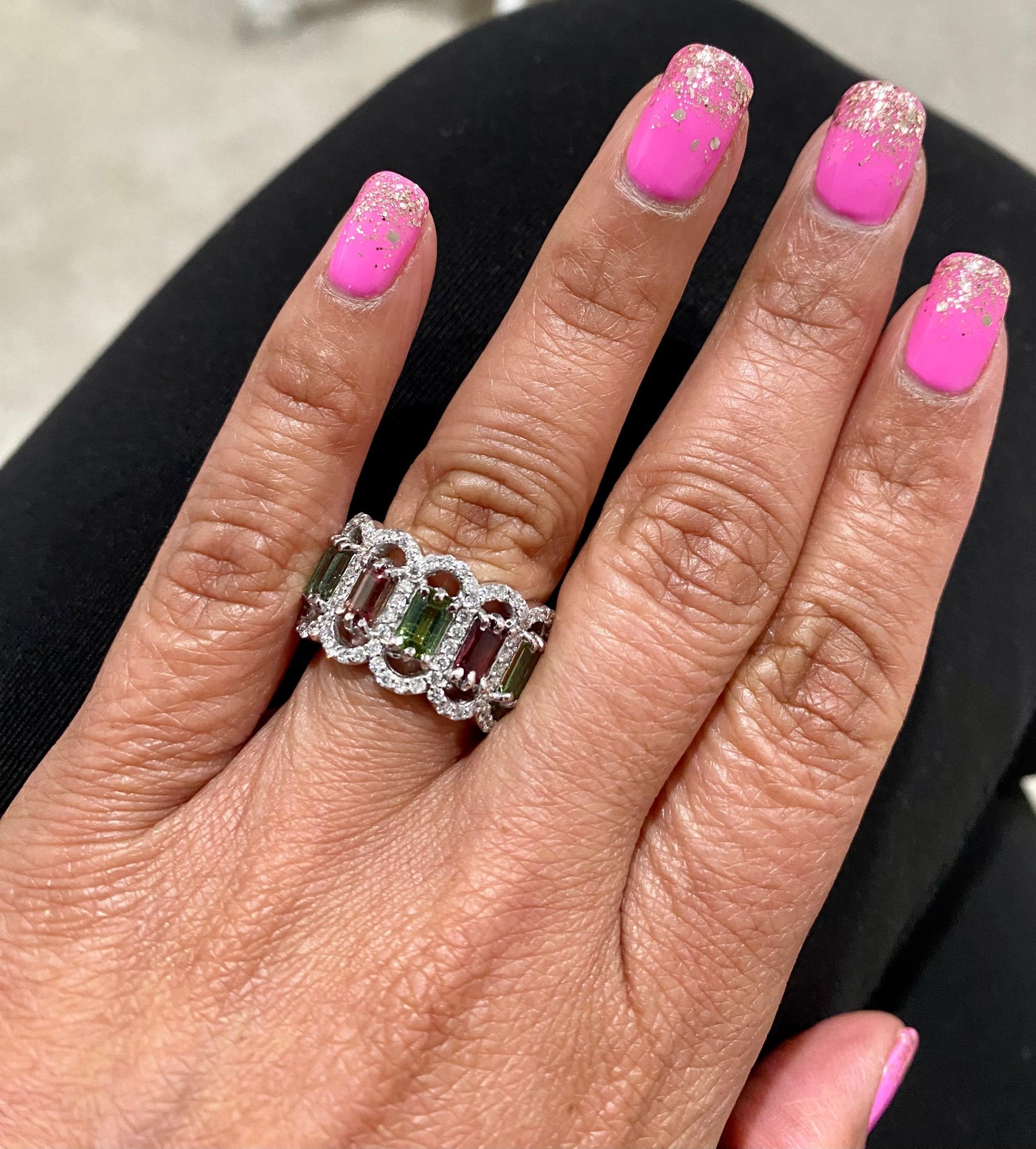 3.06 Carat Tourmaline Diamond White Gold Cocktail Band