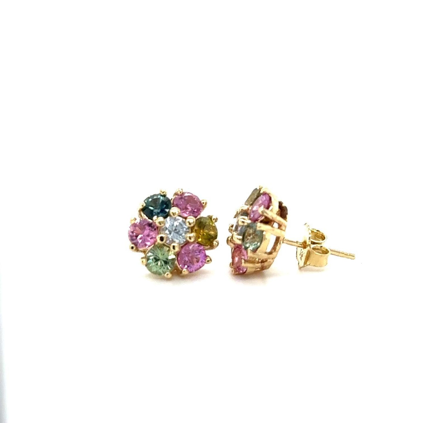 3.20 Carat Multi-Color Sapphire Yellow Gold Stud Earrings