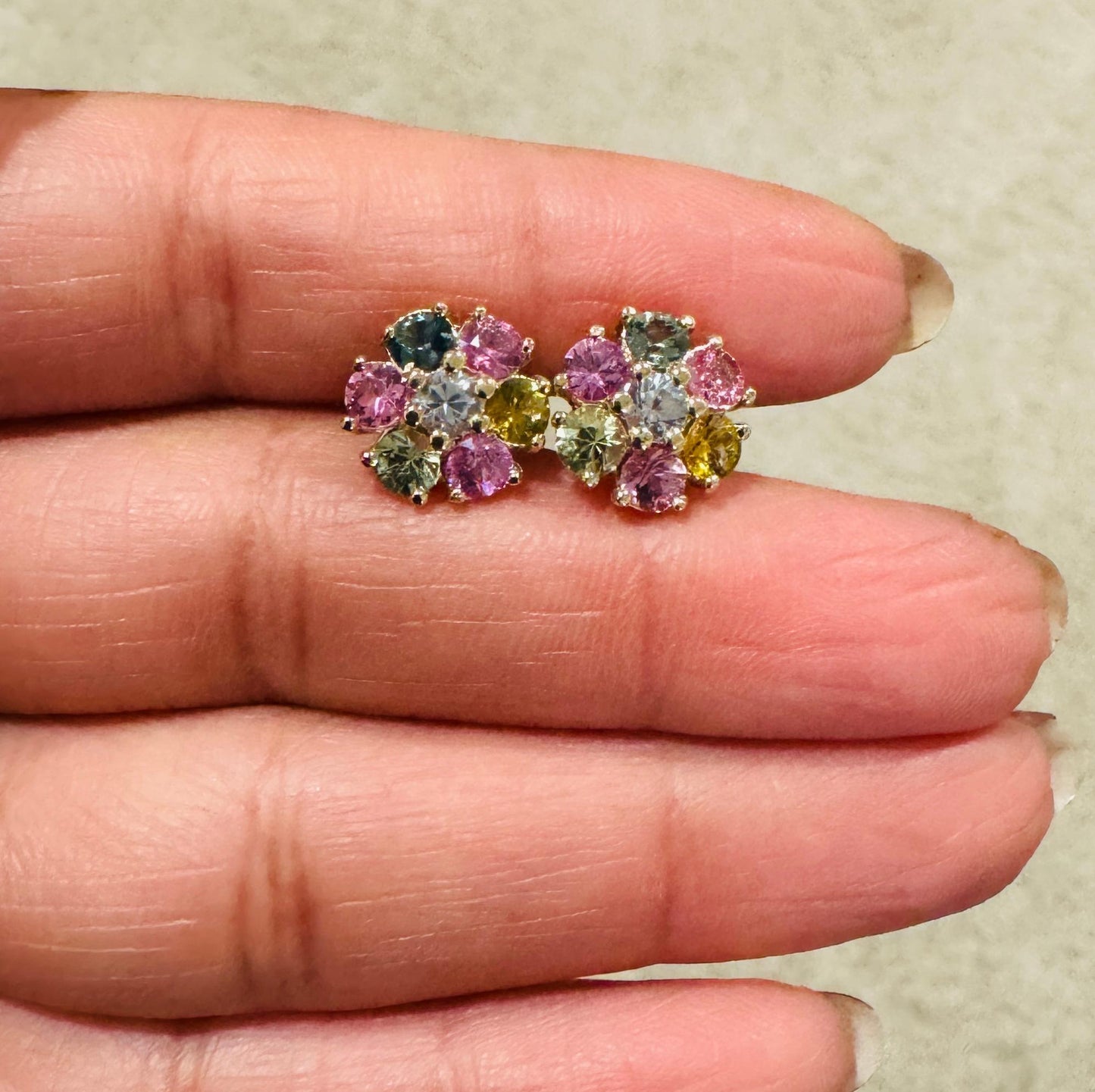 3.20 Carat Multi-Color Sapphire Yellow Gold Stud Earrings