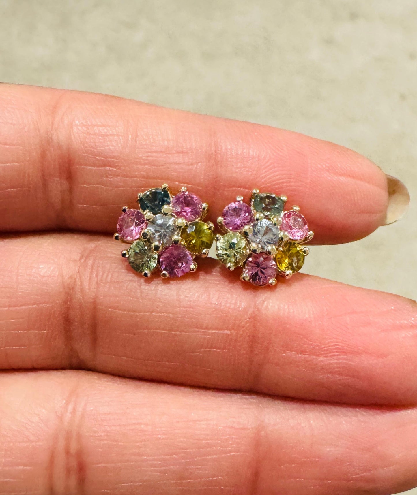 3.20 Carat Multi-Color Sapphire Yellow Gold Stud Earrings