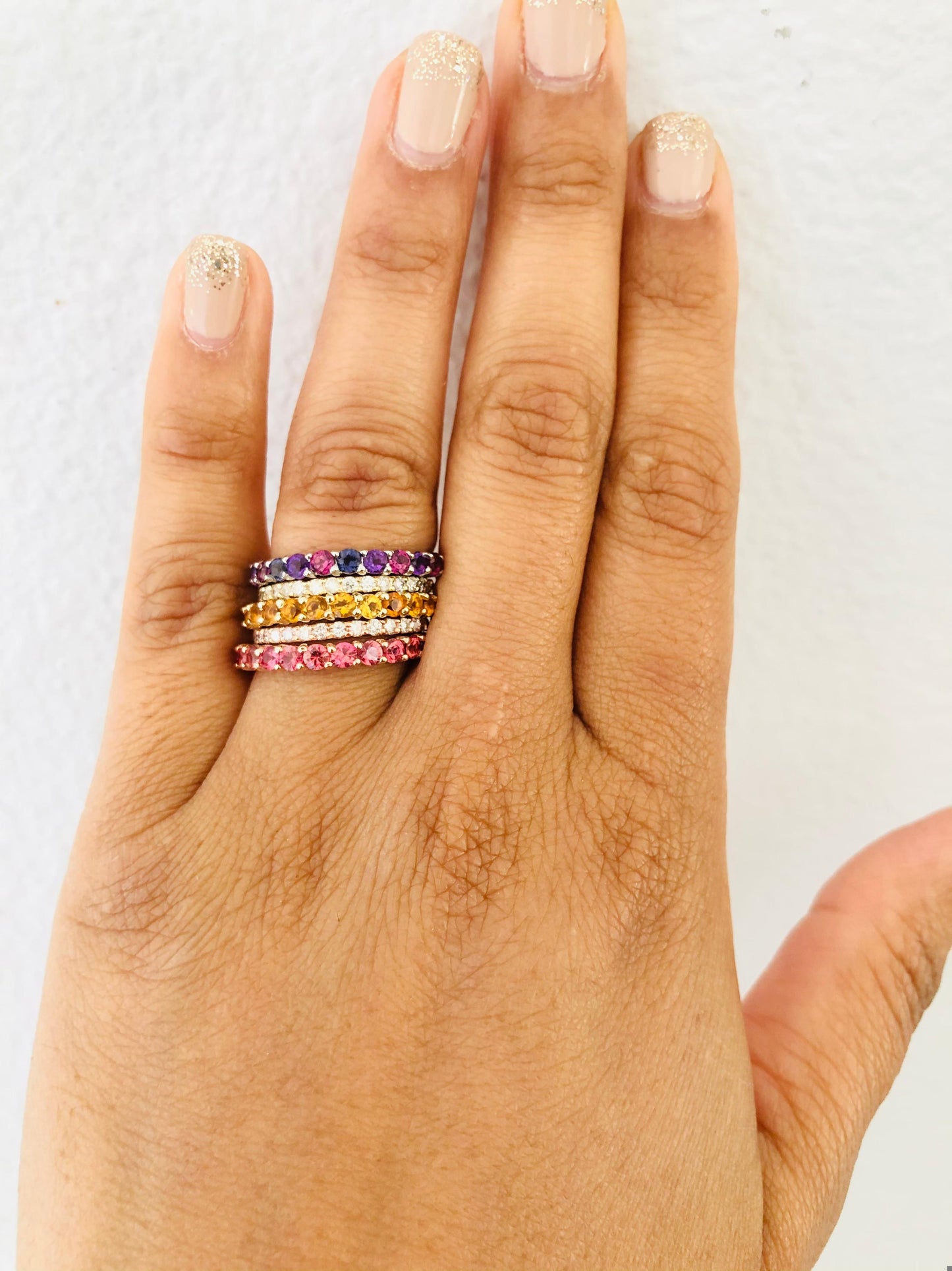 3.33 Carat Multi Color Gemstone Diamond 14 Karat Gold Stackable Bands