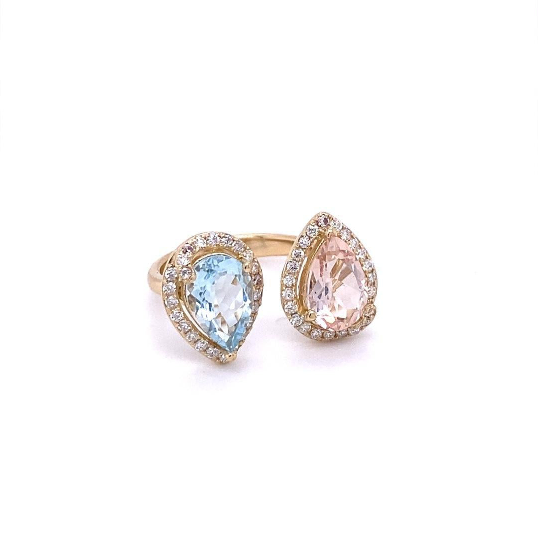 3.34 Carat Pink Morganite Aquamarine Diamond Yellow Gold Cocktail Ring
