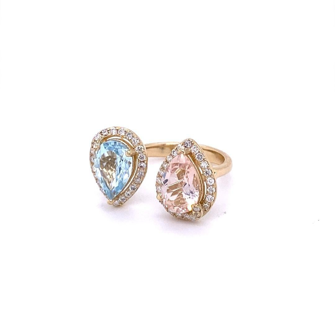 3.34 Carat Pink Morganite Aquamarine Diamond Yellow Gold Cocktail Ring