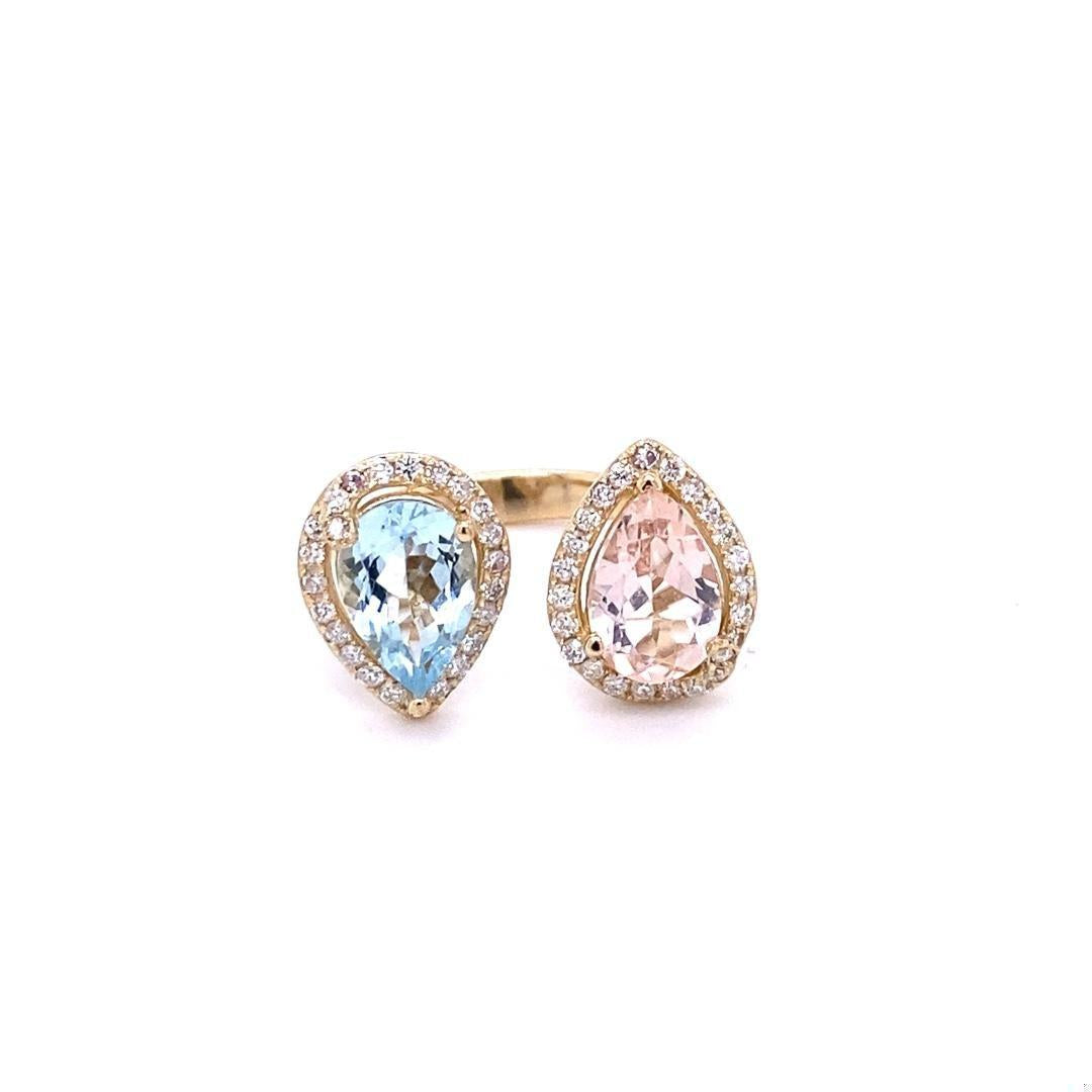 3.34 Carat Pink Morganite Aquamarine Diamond Yellow Gold Cocktail Ring