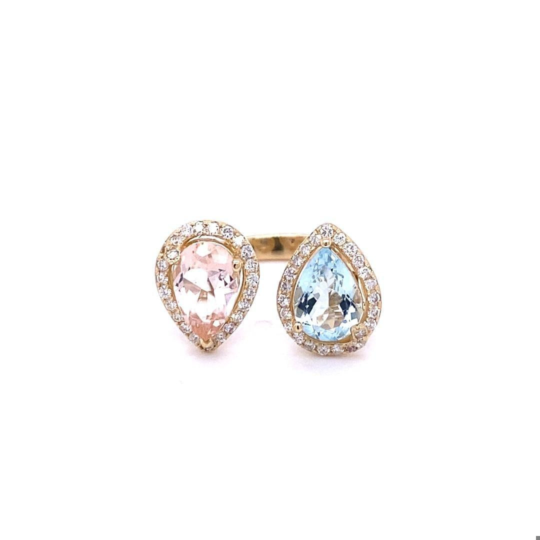 3.34 Carat Pink Morganite Aquamarine Diamond Yellow Gold Cocktail Ring