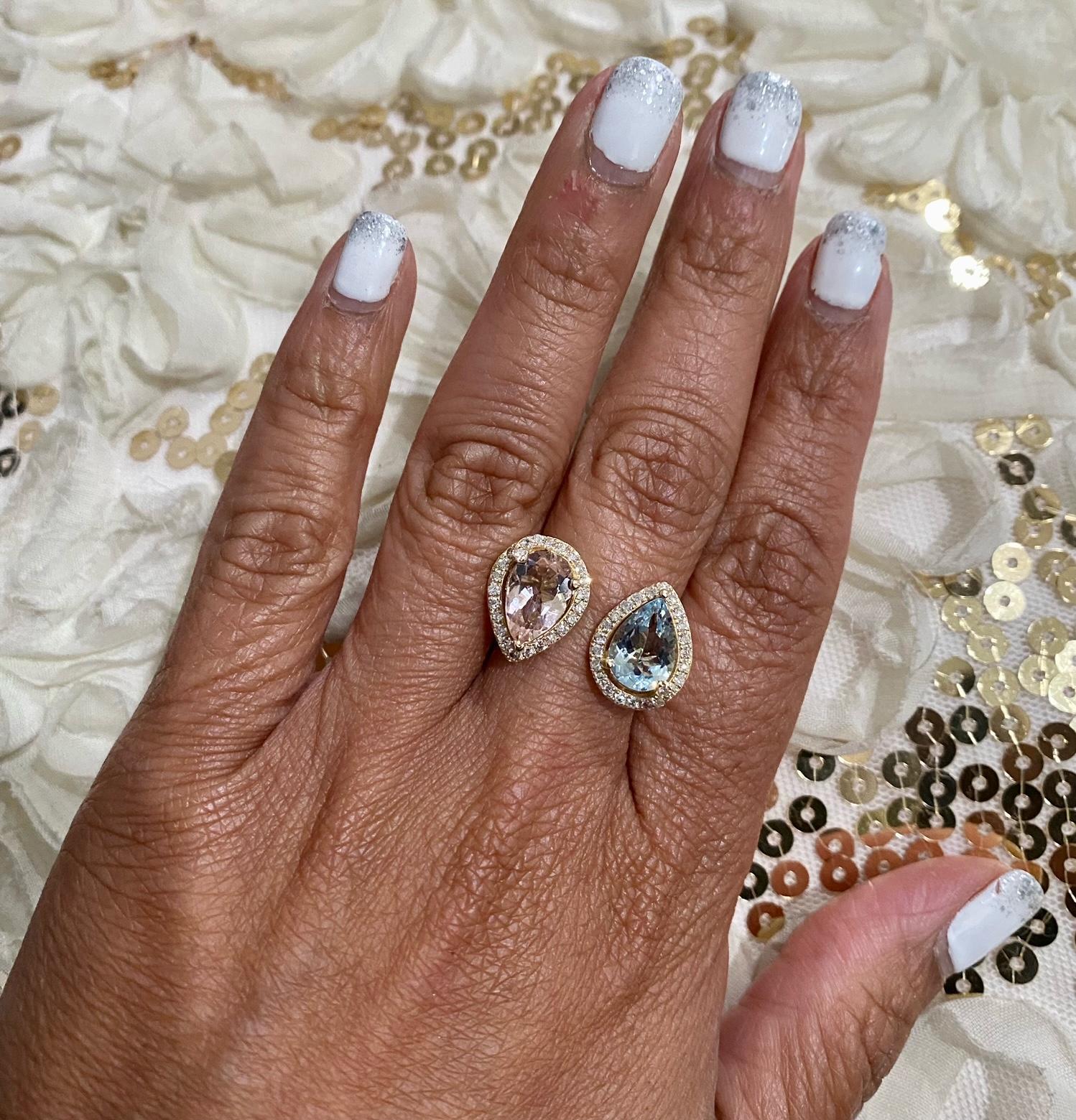 3.34 Carat Pink Morganite Aquamarine Diamond Yellow Gold Cocktail Ring
