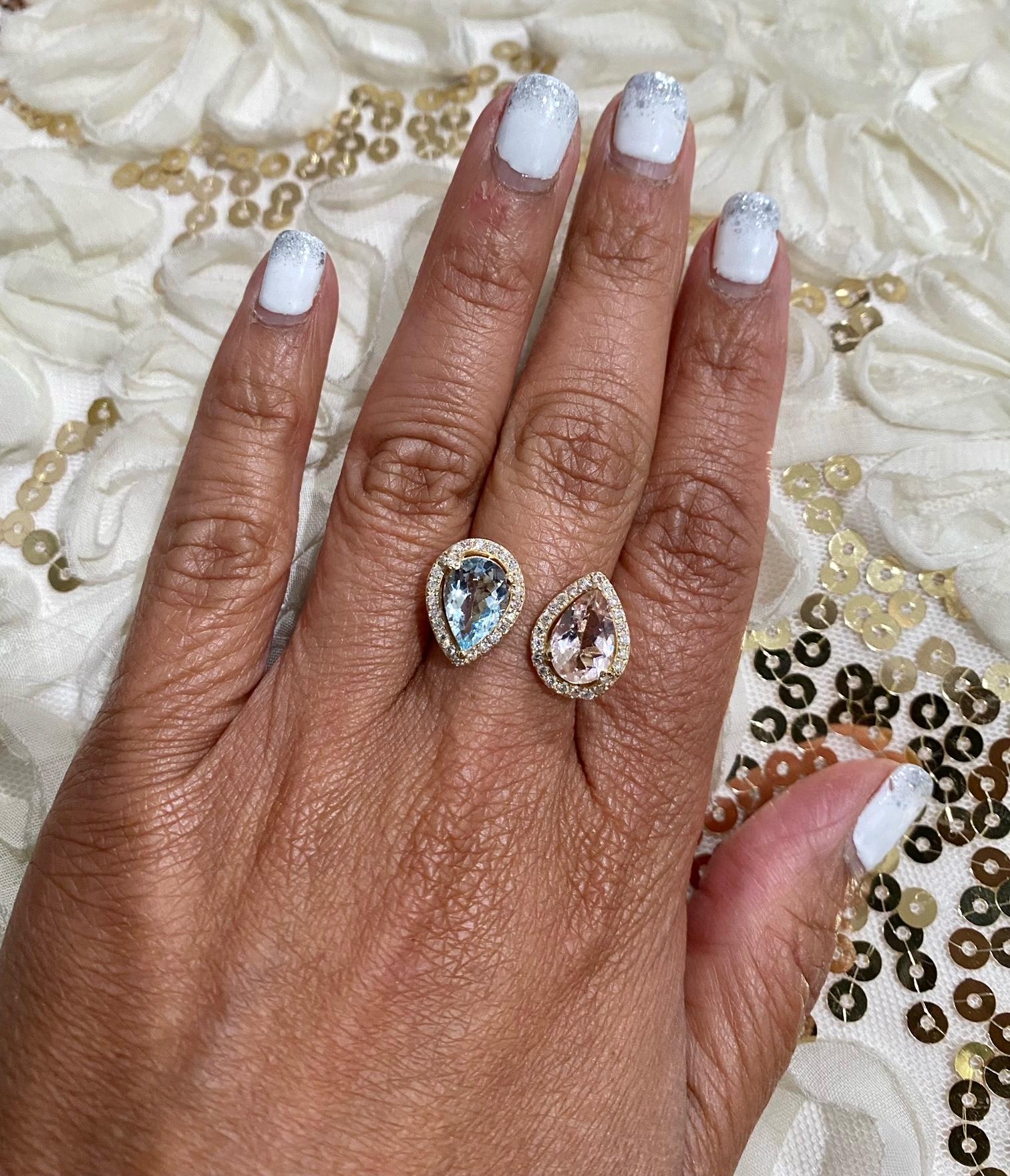 3.34 Carat Pink Morganite Aquamarine Diamond Yellow Gold Cocktail Ring