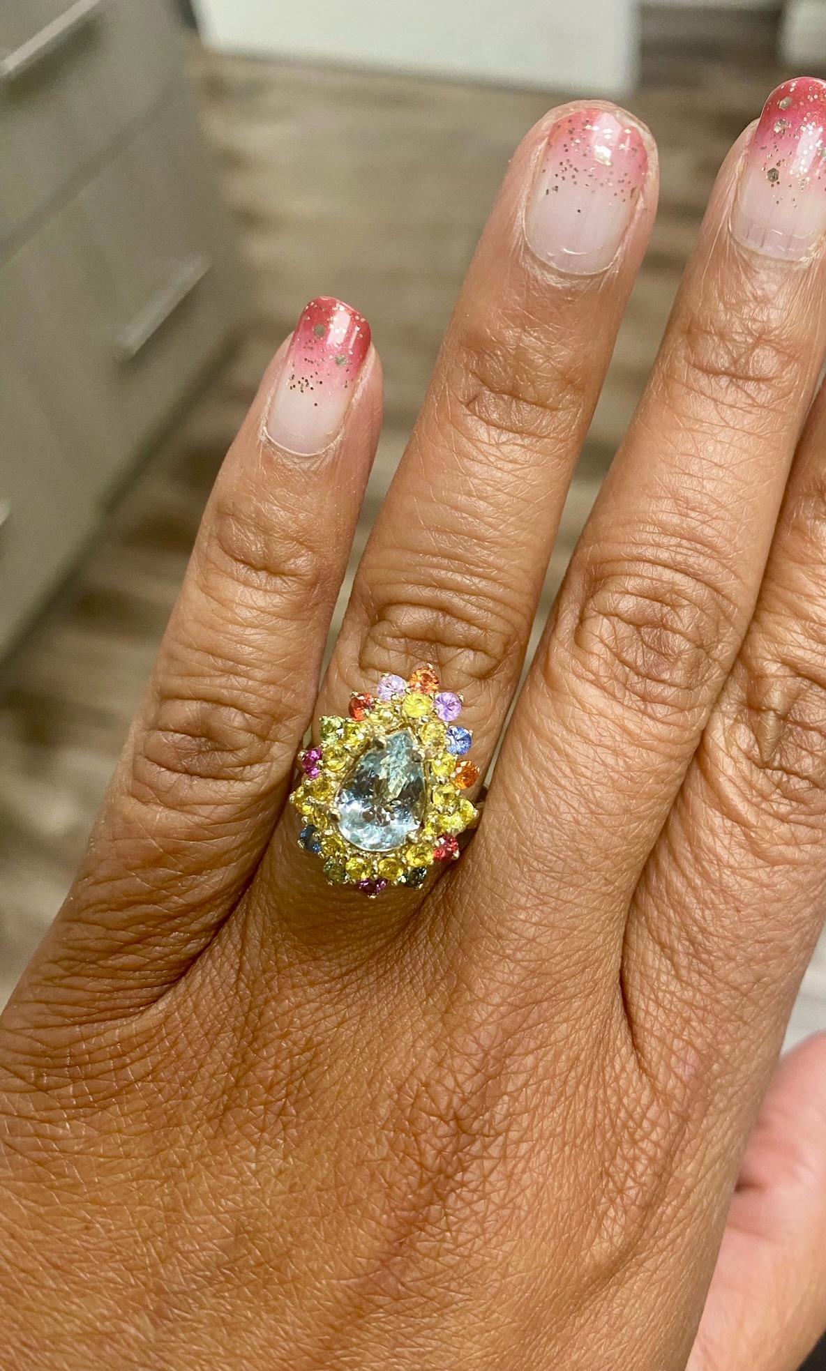 3.35 Carat Pear Cut Aquamarine Sapphire Yellow Gold Cocktail Ring