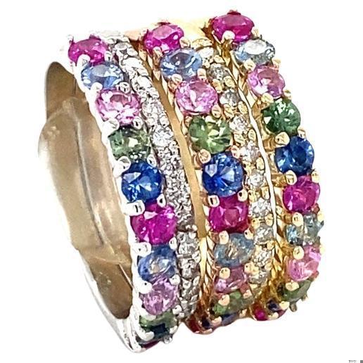 3.48 Carat Multicolor Sapphire Diamond Gold Stackable Bands