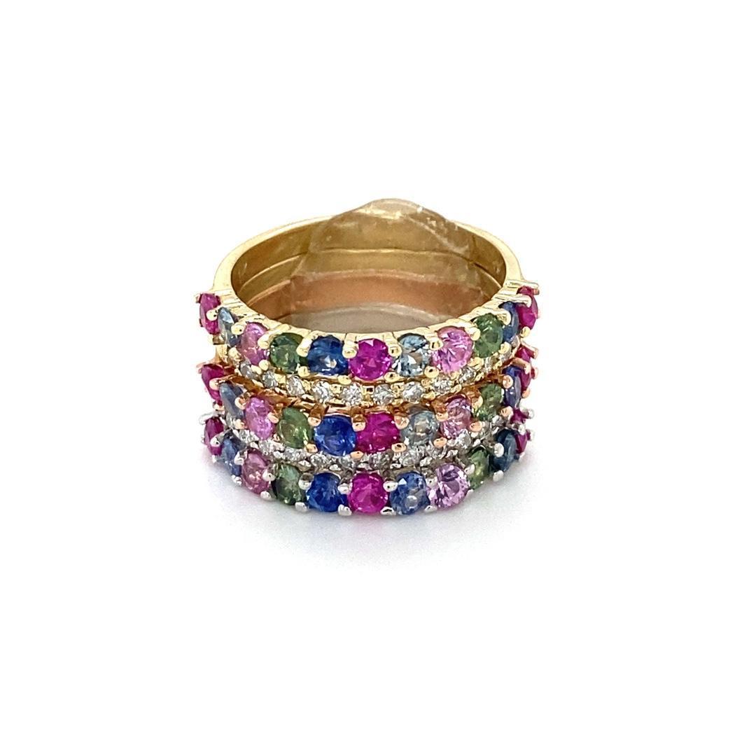 3.48 Carat Multicolor Sapphire Diamond Gold Stackable Bands