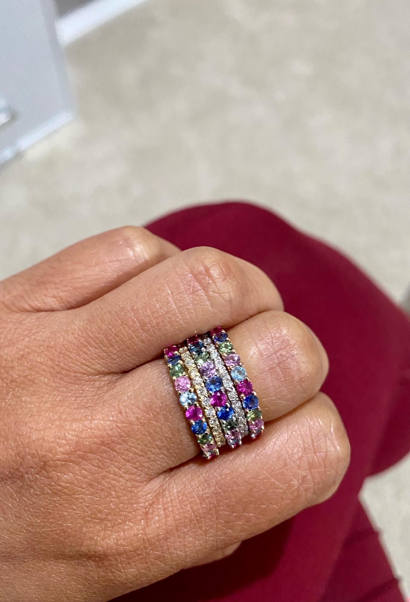 3.48 Carat Multicolor Sapphire Diamond Gold Stackable Bands