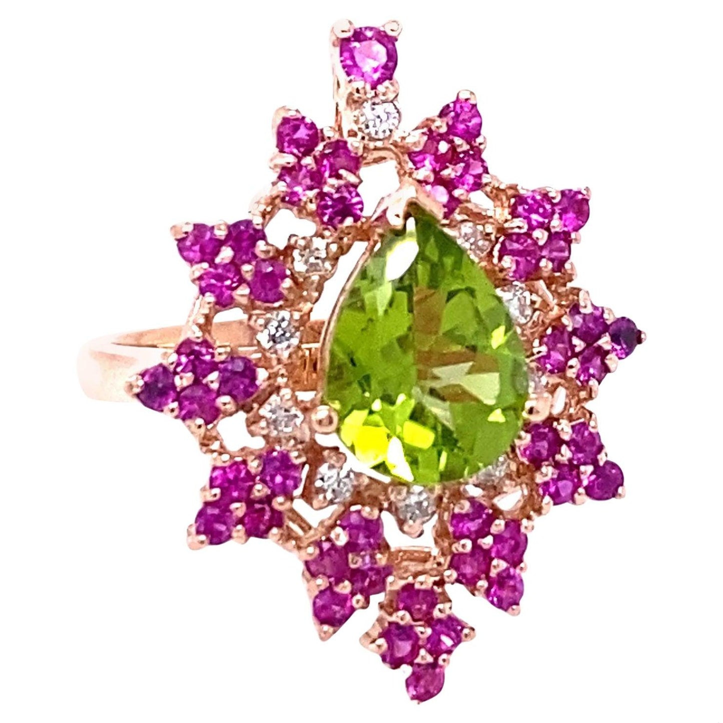 3.51 Carat Natural Peridot Sapphire Diamond Rose Gold Cocktail Ring