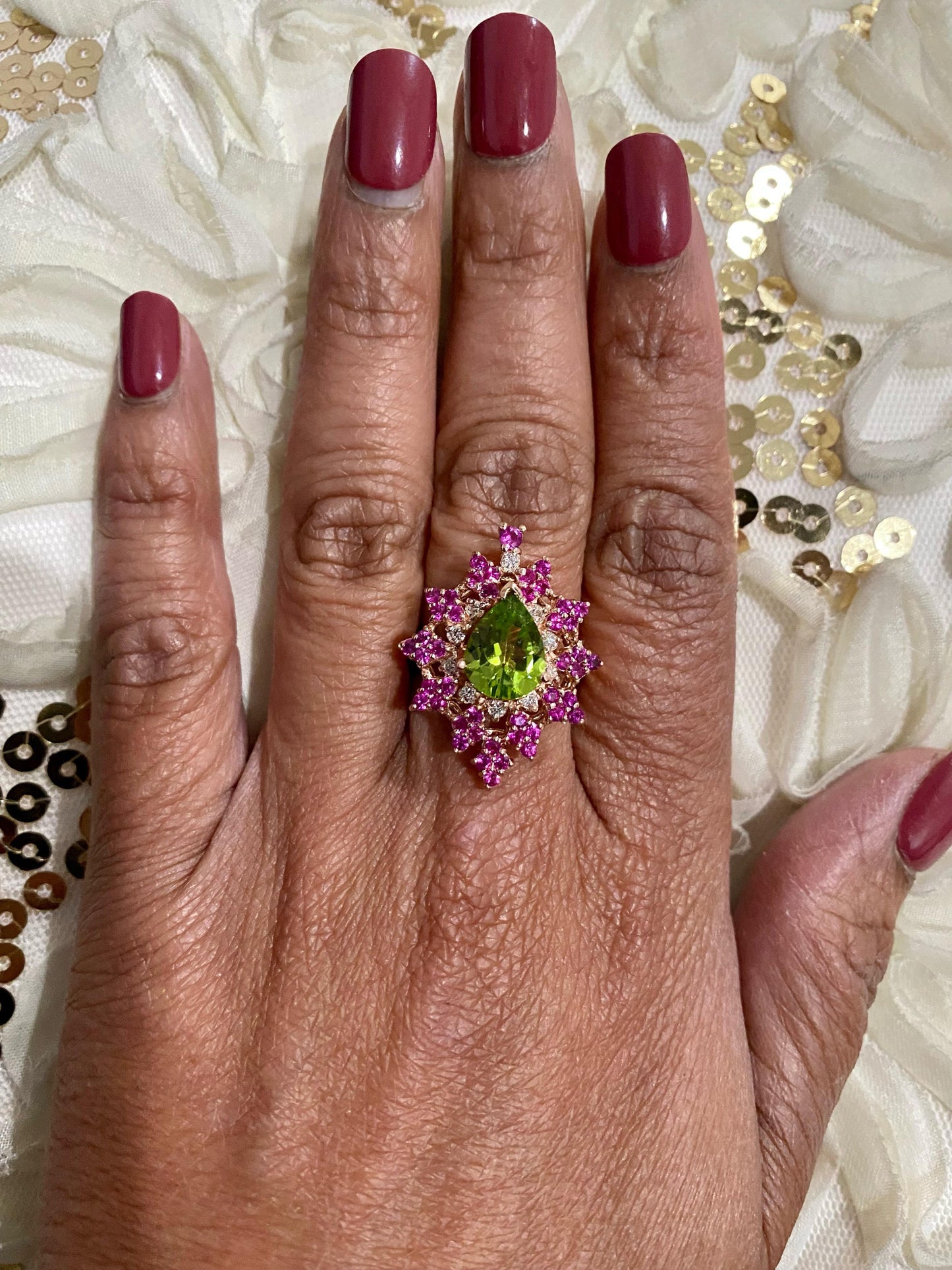 3.51 Carat Natural Peridot Sapphire Diamond Rose Gold Cocktail Ring