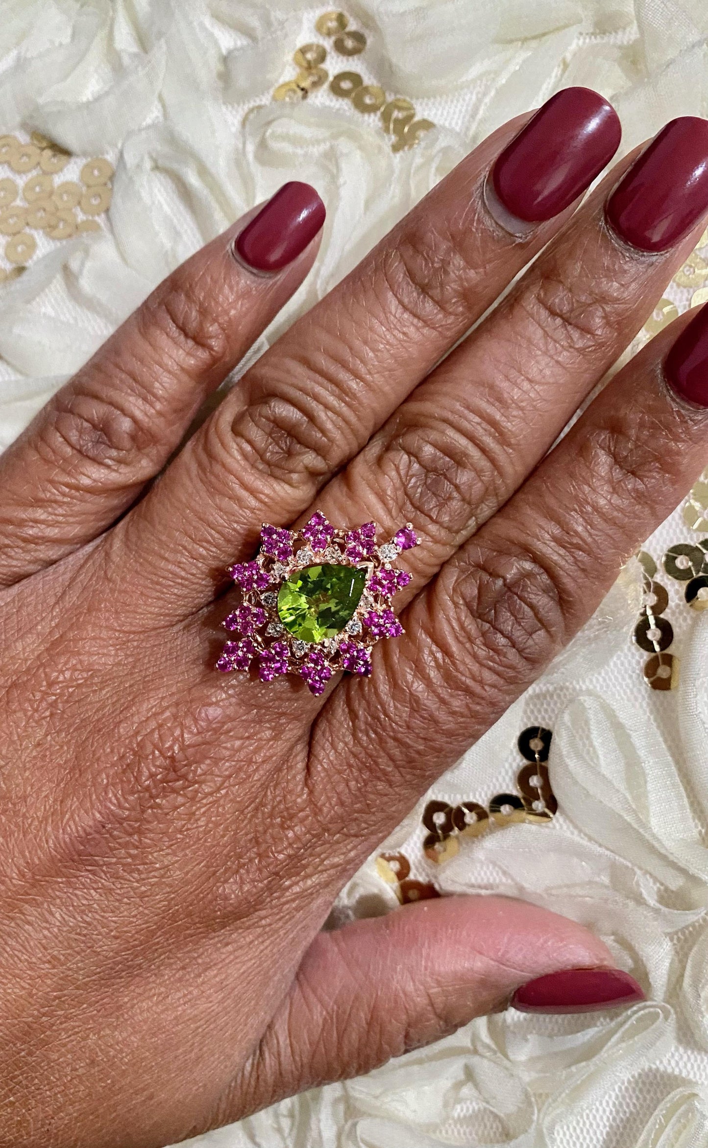 3.51 Carat Natural Peridot Sapphire Diamond Rose Gold Cocktail Ring